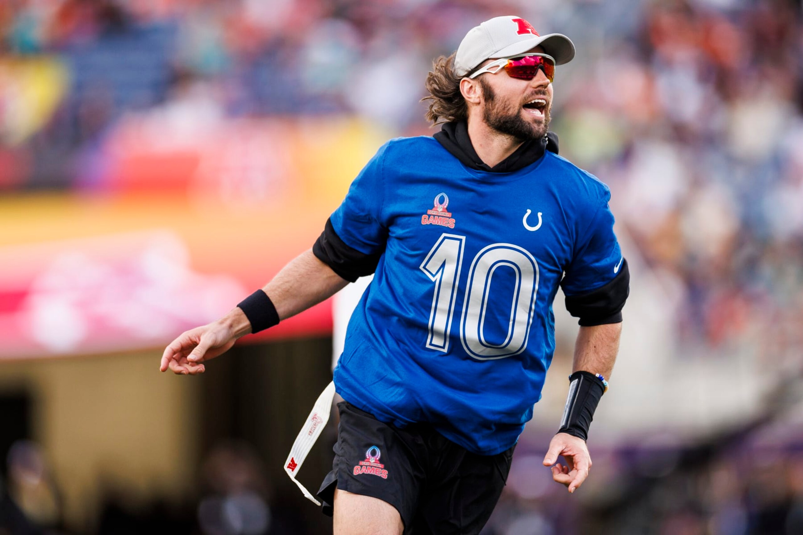 ORLANDO, FLORIDA - FEBRUARY 04: Gardner Minshew #10 of the Indianapolis Colts and AFC celebrates after scoring a touchdown during the 2024 NFL Pro Bowl at Camping World Stadium on February 04, 2024 in Orlando, Florida. (Photo by James Gilbert/Getty Images) ORLANDO, FLORIDA - FEBRUARY 04: Gardner Minshew #10 of the Indianapolis Colts and AFC celebrates after scoring a touchdown during the 2024 NFL Pro Bowl at Camping World Stadium on February 04, 2024 in Orlando, Florida. (Photo by James Gilbert/Getty Images)