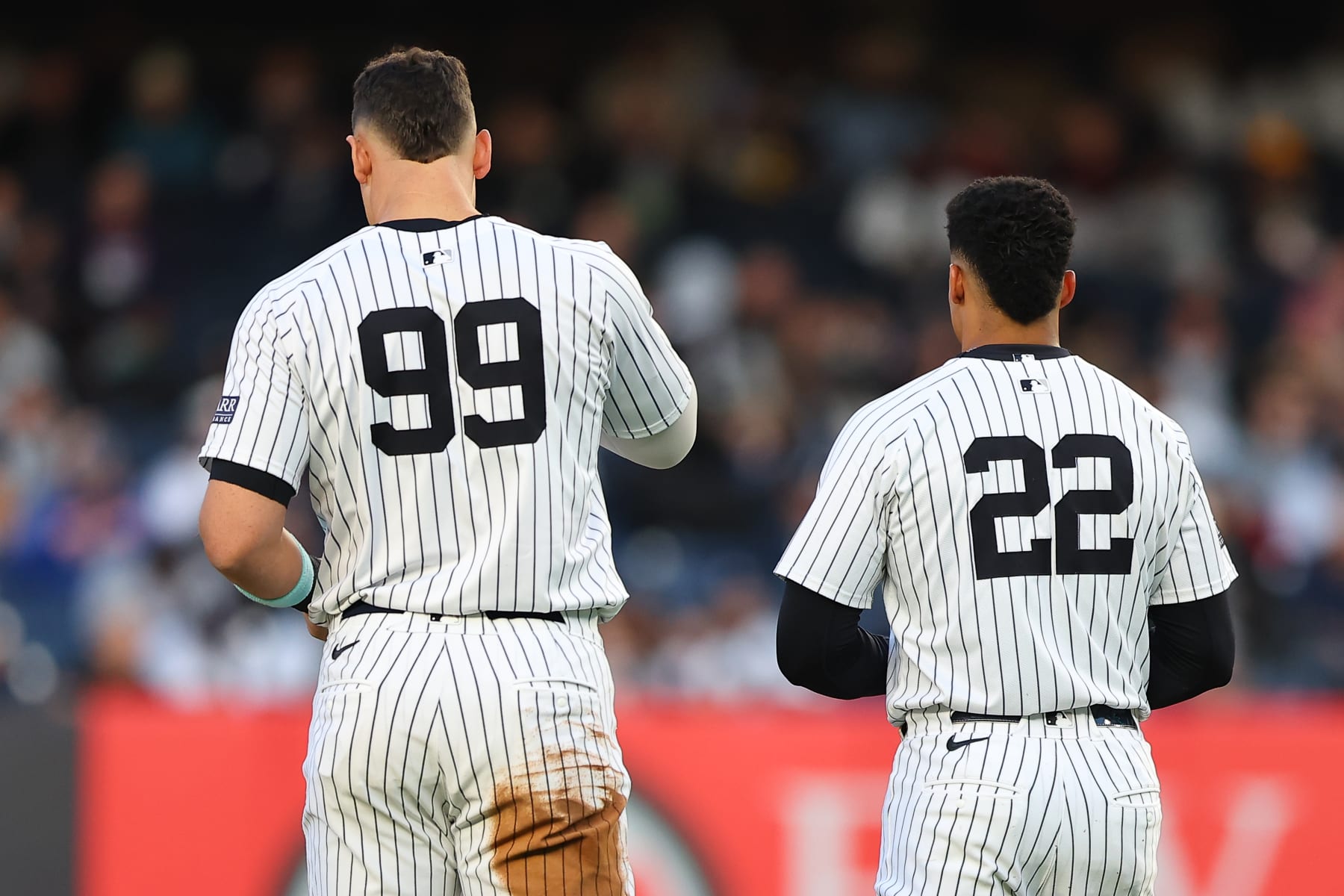 BRONX, NY - APRIL 25: Aaron Judge #99 of the New York Yankees and Juan Soto #22 talk during the second inning of the game against the Oakland Athletics on April 25, 2024 at Yankee Stadium in the Bronx, New York.  (Photo by Rich Graessle/Icon Sportswire via Getty Images)