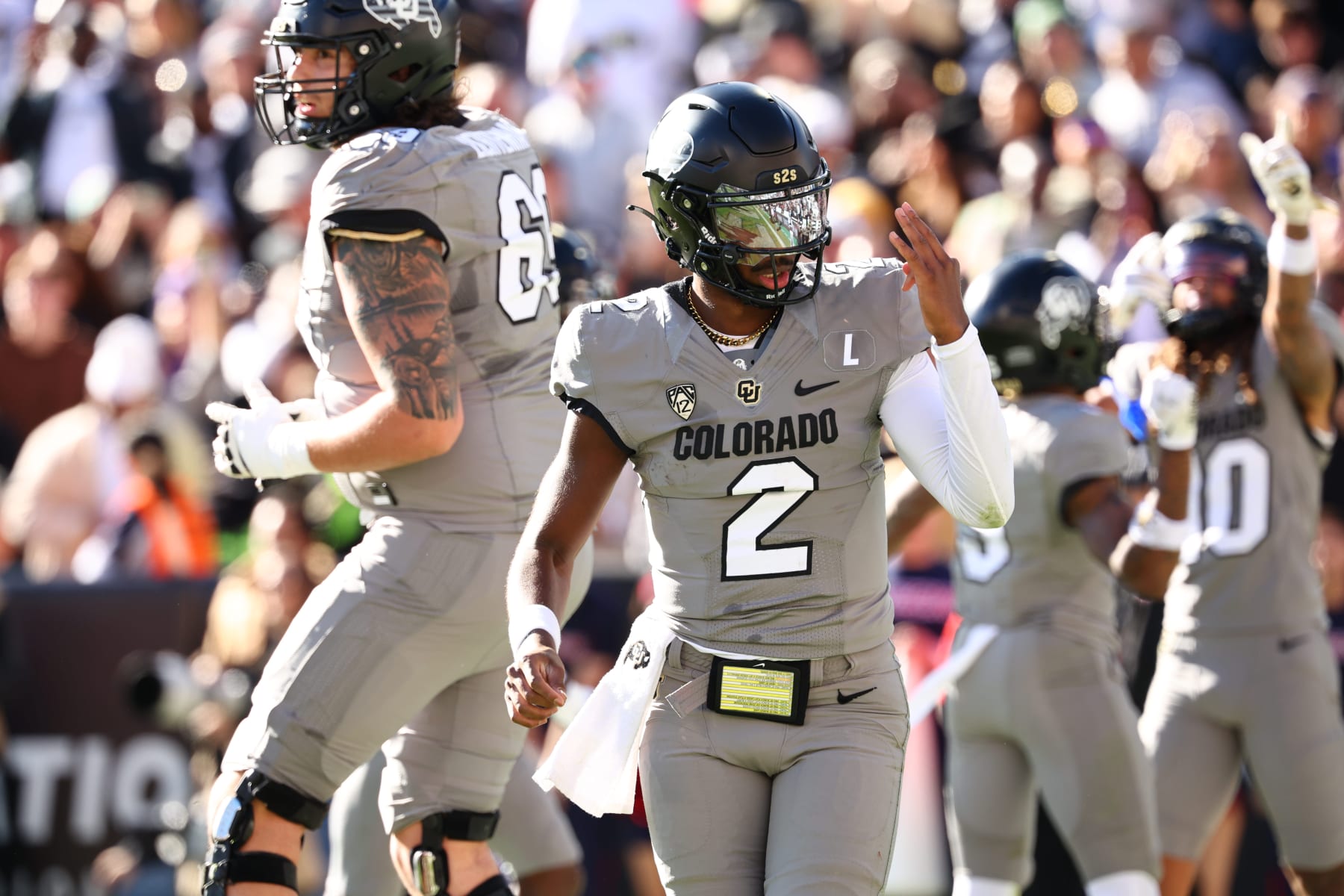 College Football: Colorado quarterback Shedeur Sanders (2) in action, points vs Arizona at Folsom Field. 
Boulder, CO 11/11/2023 
CREDIT: Jamie Schwaberow (Photo by Jamie Schwaberow/Sports Illustrated via Getty Images) 
(Set Number: X164461)