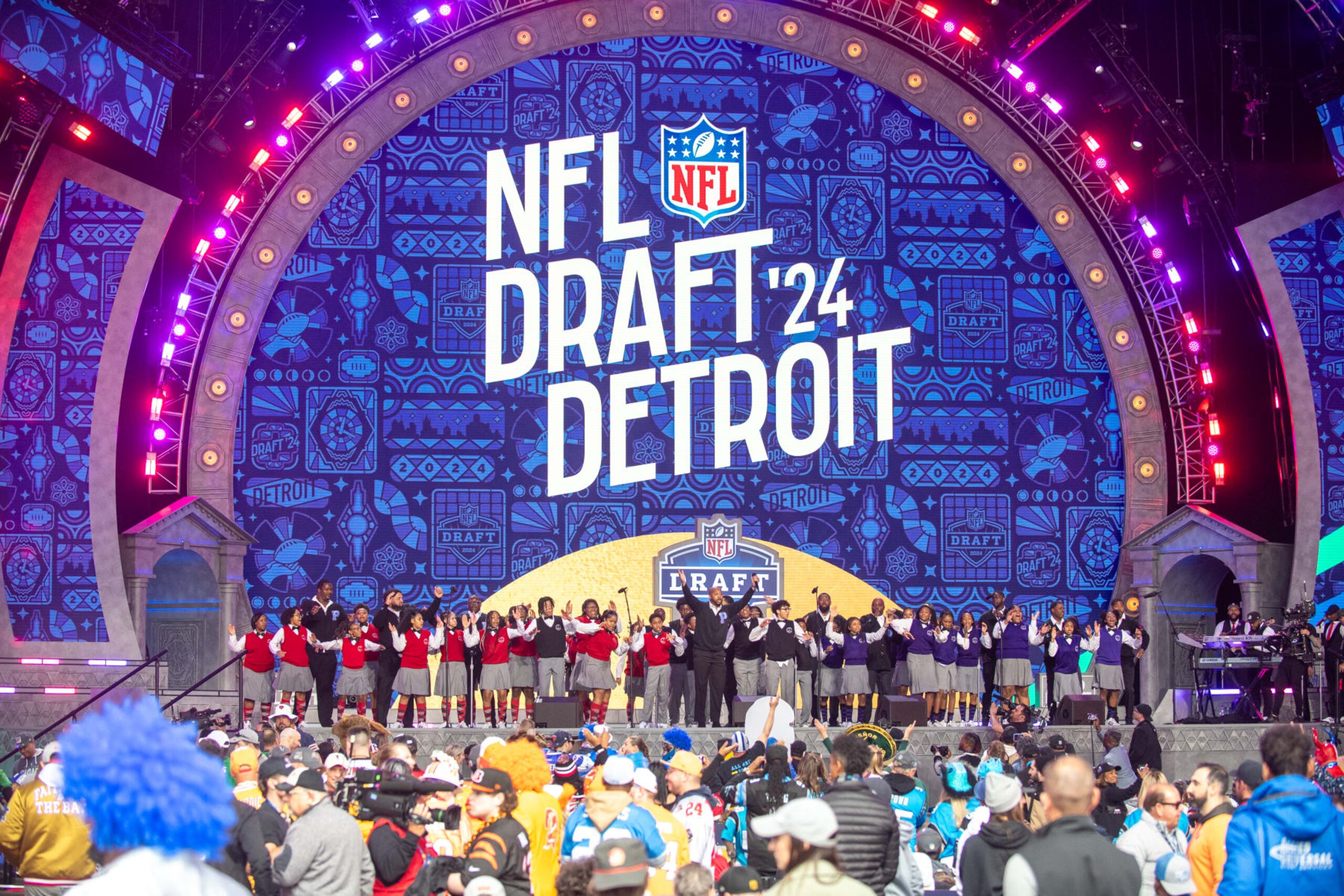 DETROIT, MICHIGAN - APRIL 26: The Detroit Youth Choir performs onstage during Day 2 of the 2024 NFL Draft on April 26, 2024 in Detroit, Michigan. (Photo by Aaron J. Thornton/Getty Images)