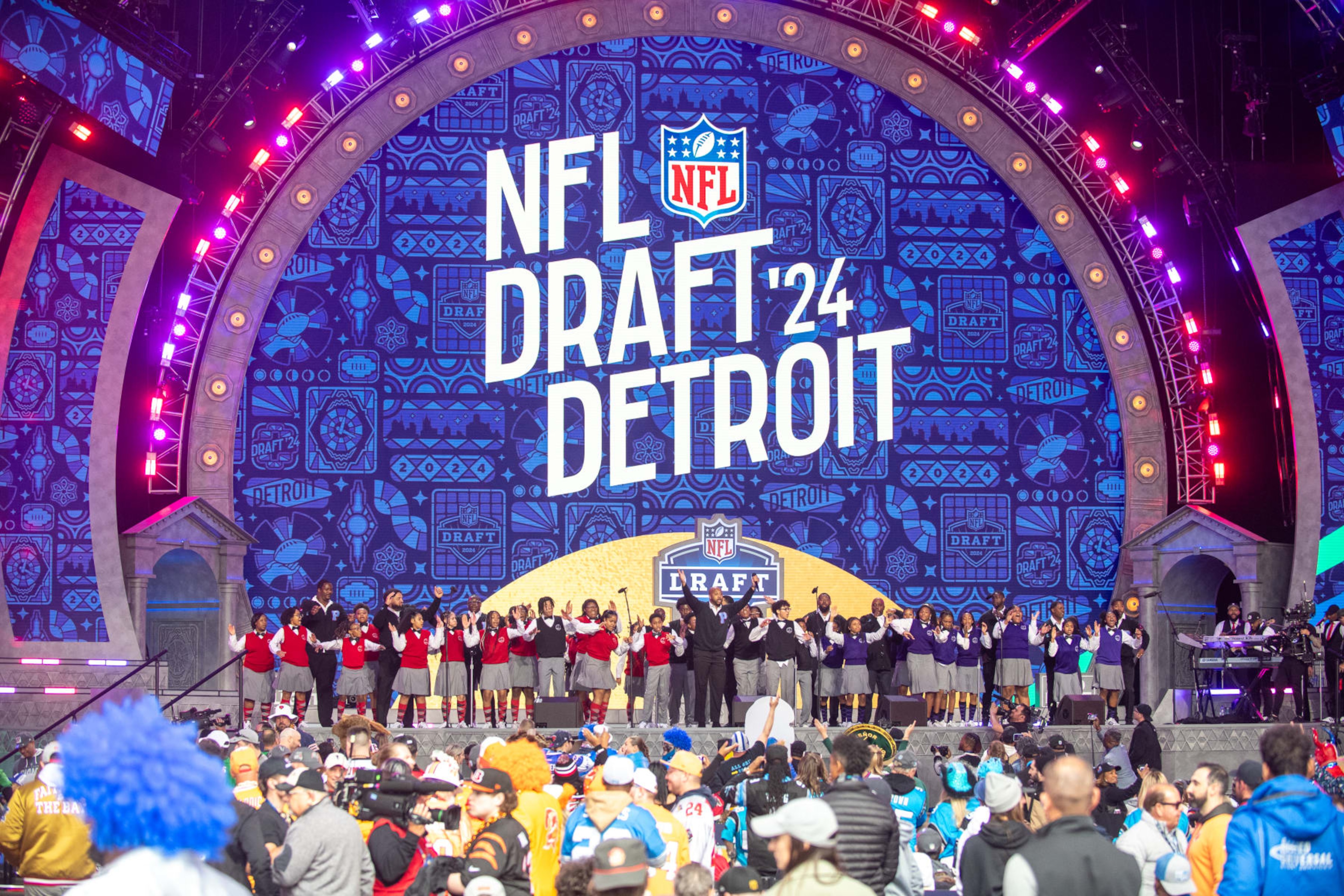 DETROIT, MICHIGAN - APRIL 26: The Detroit Youth Choir performs onstage during Day 2 of the 2024 NFL Draft on April 26, 2024 in Detroit, Michigan. (Photo by Aaron J. Thornton/Getty Images)