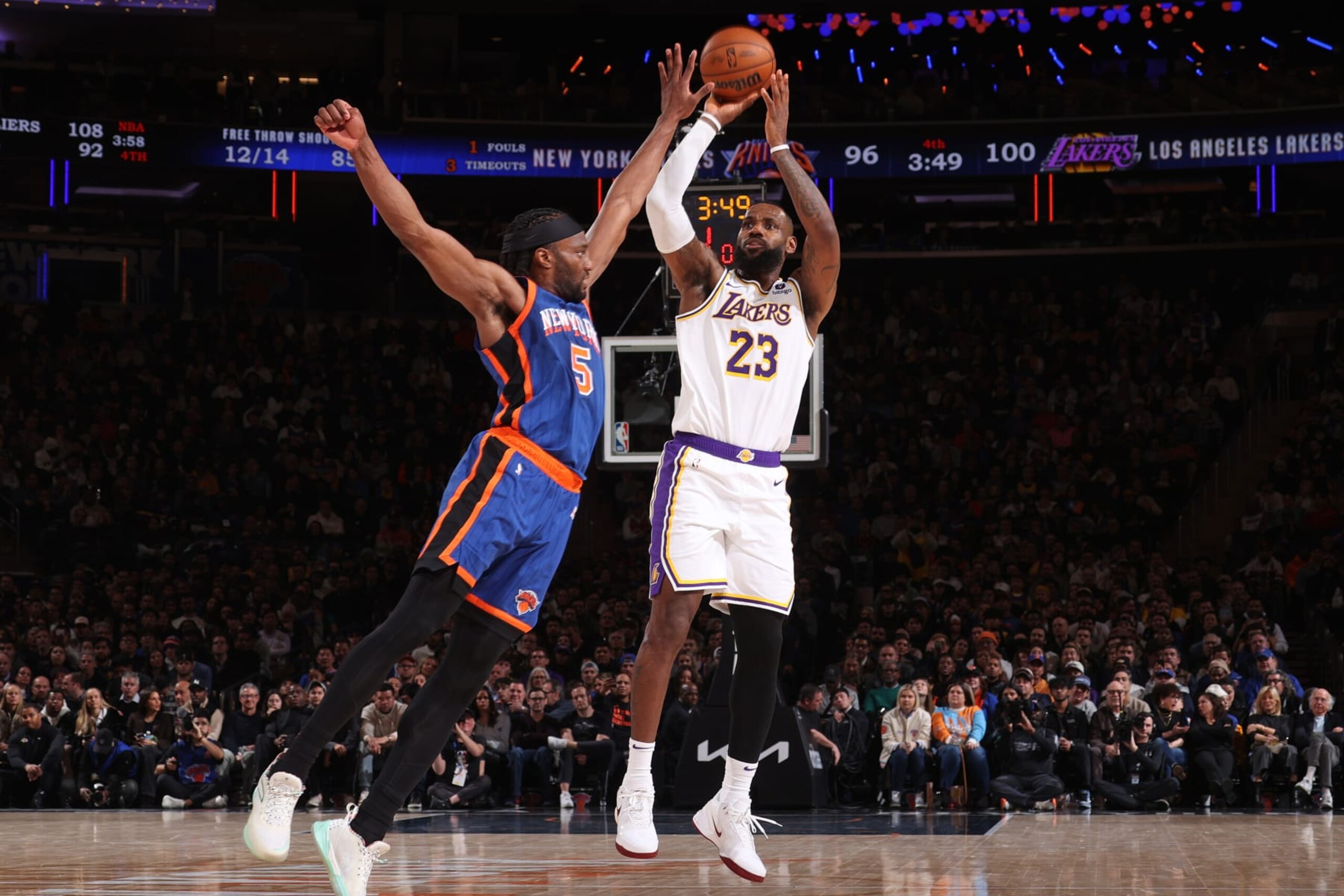 NEW YORK, NY - FEBRUARY 3: LeBron James #23 of the Los Angeles Lakers three point basket during the game against the New York Knicks on February 3, 2024 at Madison Square Garden in New York City, New York. NOTE TO USER: User expressly acknowledges and agrees that, by downloading and or using this photograph, User is consenting to the terms and conditions of the Getty Images License Agreement. Mandatory Copyright Notice: Copyright 2024 NBAE (Photo by Nathaniel S. Butler/NBAE via Getty Images) NEW YORK, NY - FEBRUARY 3: LeBron James #23 of the Los Angeles Lakers three point basket during the game against the New York Knicks on February 3, 2024 at Madison Square Garden in New York City, New York. NOTE TO USER: User expressly acknowledges and agrees that, by downloading and or using this photograph, User is consenting to the terms and conditions of the Getty Images License Agreement. Mandatory Copyright Notice: Copyright 2024 NBAE (Photo by Nathaniel S. Butler/NBAE via Getty Images)