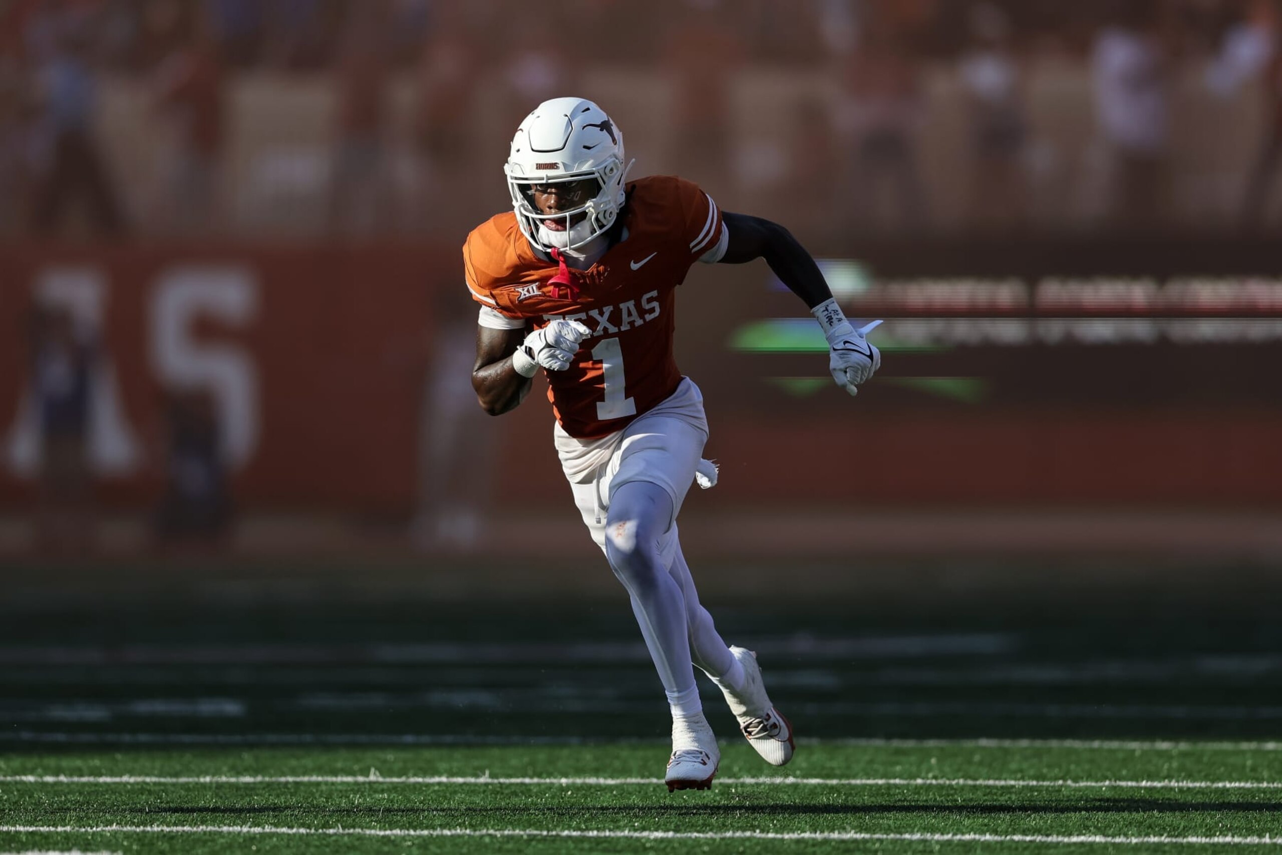 AUSTIN, TEXAS - OCTOBER 28: Xavier Worthy #1 of the Texas Longhorns runs a route in the second half against the Brigham Young Cougars at Darrell K Royal-Texas Memorial Stadium on October 28, 2023 in Austin, Texas. (Photo by Tim Warner/Getty Images)