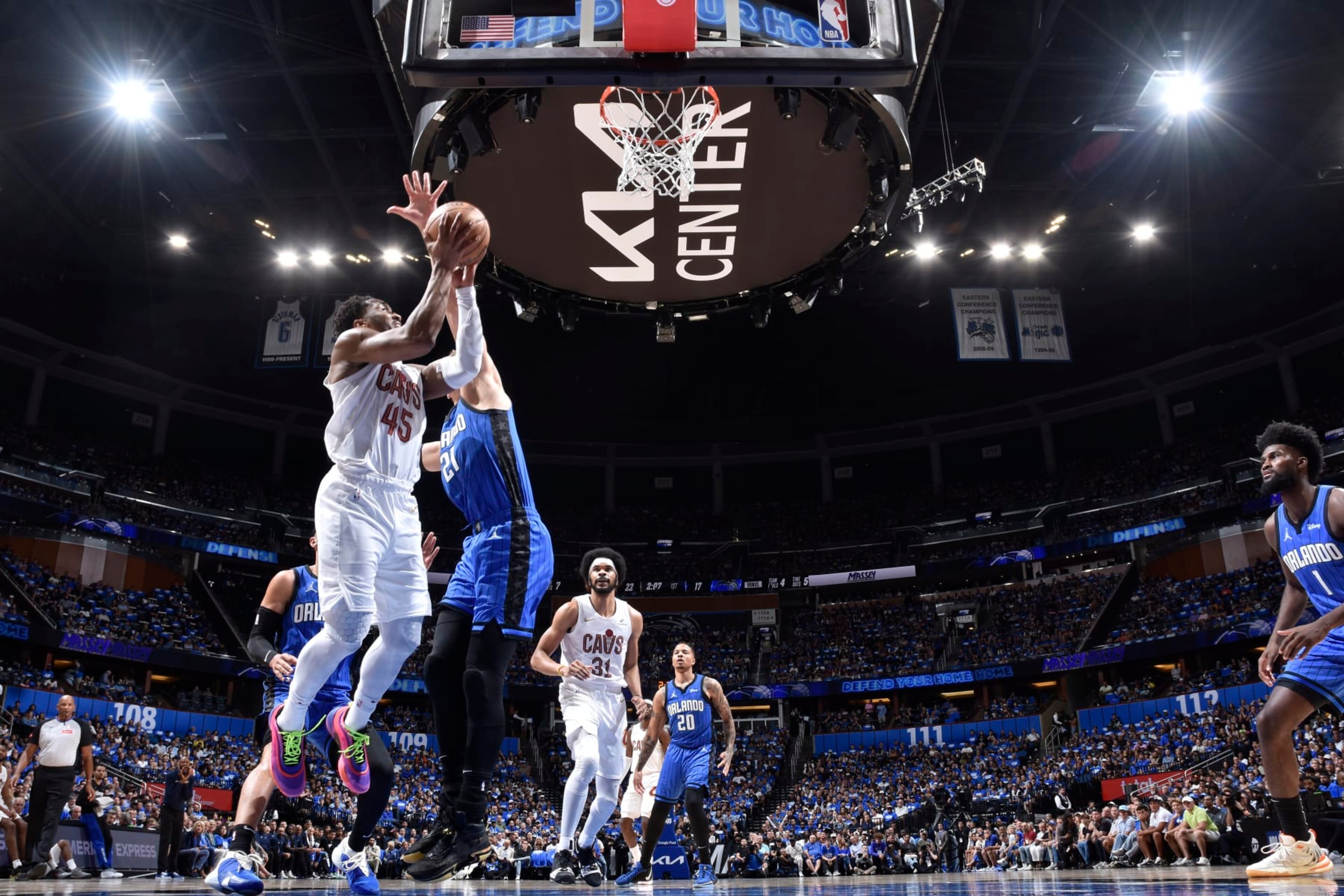 ORLANDO, FL - APRIL 27: Donovan Mitchell #45 of the Cleveland Cavaliers drives to the basket during the game against the Orlando Magic during Round 1 Game 4 of the 2024 NBA Playoffs on April 27, 2024 at the Kia Center in Orlando, Florida. NOTE TO USER: User expressly acknowledges and agrees that, by downloading and or using this photograph, User is consenting to the terms and conditions of the Getty Images License Agreement. Mandatory Copyright Notice: Copyright 2024 NBAE (Photo by Fernando Medina/NBAE via Getty Images) ORLANDO, FL - APRIL 27: Donovan Mitchell #45 of the Cleveland Cavaliers drives to the basket during the game against the Orlando Magic during Round 1 Game 4 of the 2024 NBA Playoffs on April 27, 2024 at the Kia Center in Orlando, Florida. NOTE TO USER: User expressly acknowledges and agrees that, by downloading and or using this photograph, User is consenting to the terms and conditions of the Getty Images License Agreement. Mandatory Copyright Notice: Copyright 2024 NBAE (Photo by Fernando Medina/NBAE via Getty Images)