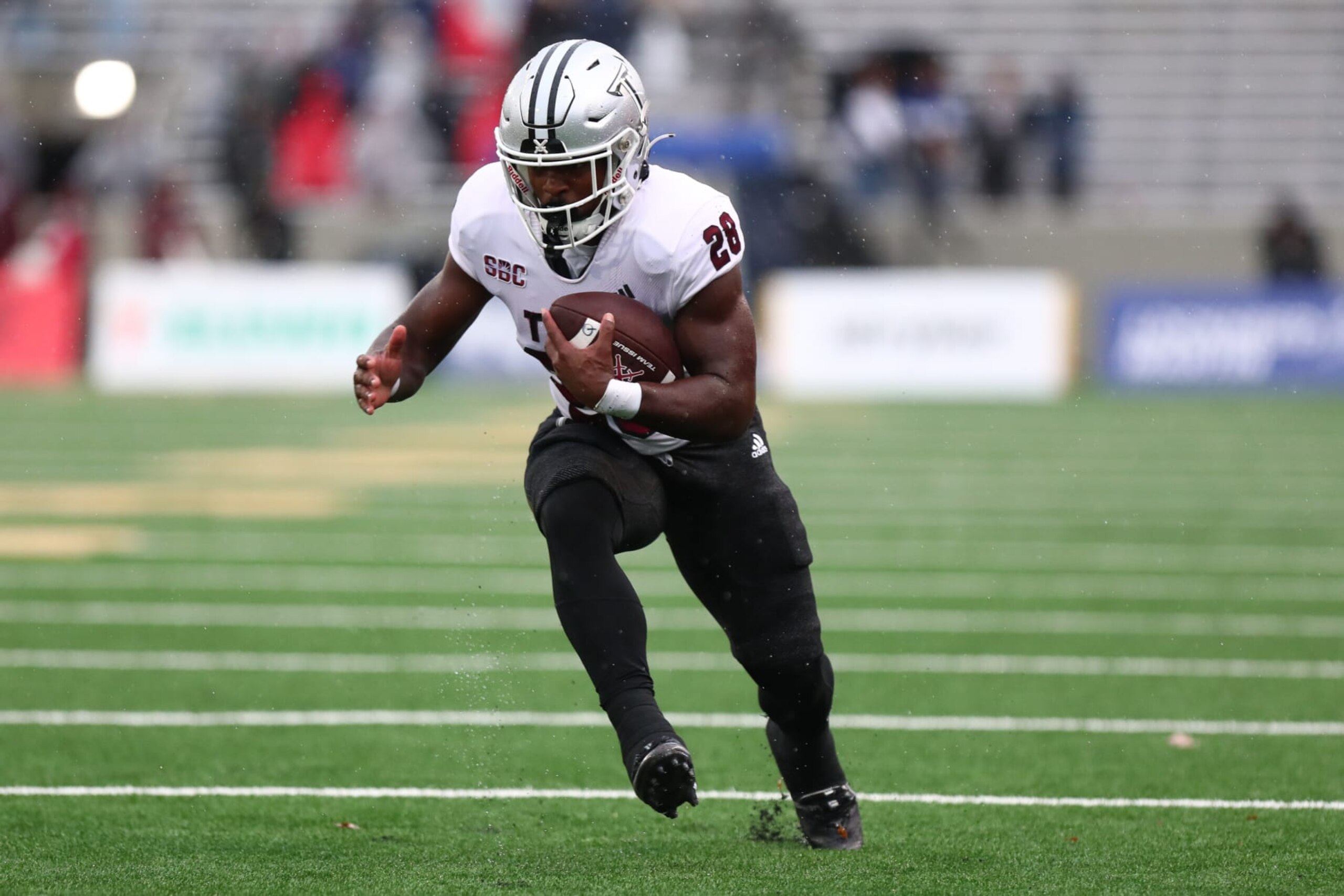 WEST POINT, NEW YORK - OCTOBER 14: Kimani Vidal #28 of the Troy Trojans runs for a short gain against the Army Black Knights at Michie Stadium on October 14, 2023 in West Point, New York. (Photo by Edward Diller/Getty Images)