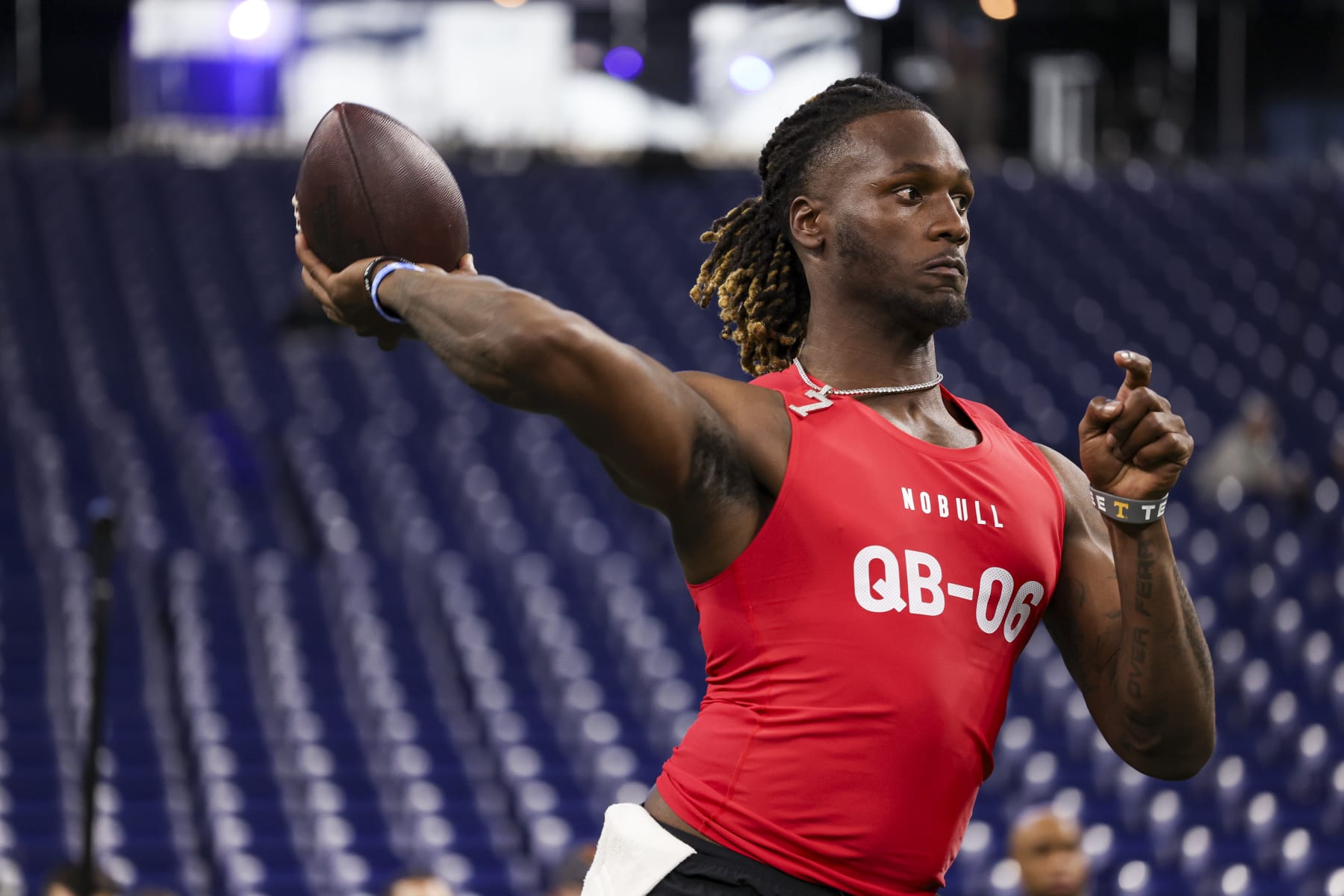 INDIANAPOLIS, INDIANA - MARCH 2: Joe Milton #QB06 of Tennessee prepares to throw a pass during the NFL Scouting Combine at Lucas Oil Stadium on March 2, 2024 in Indianapolis, Indiana. (Photo by Kara Durrette/Getty Images)