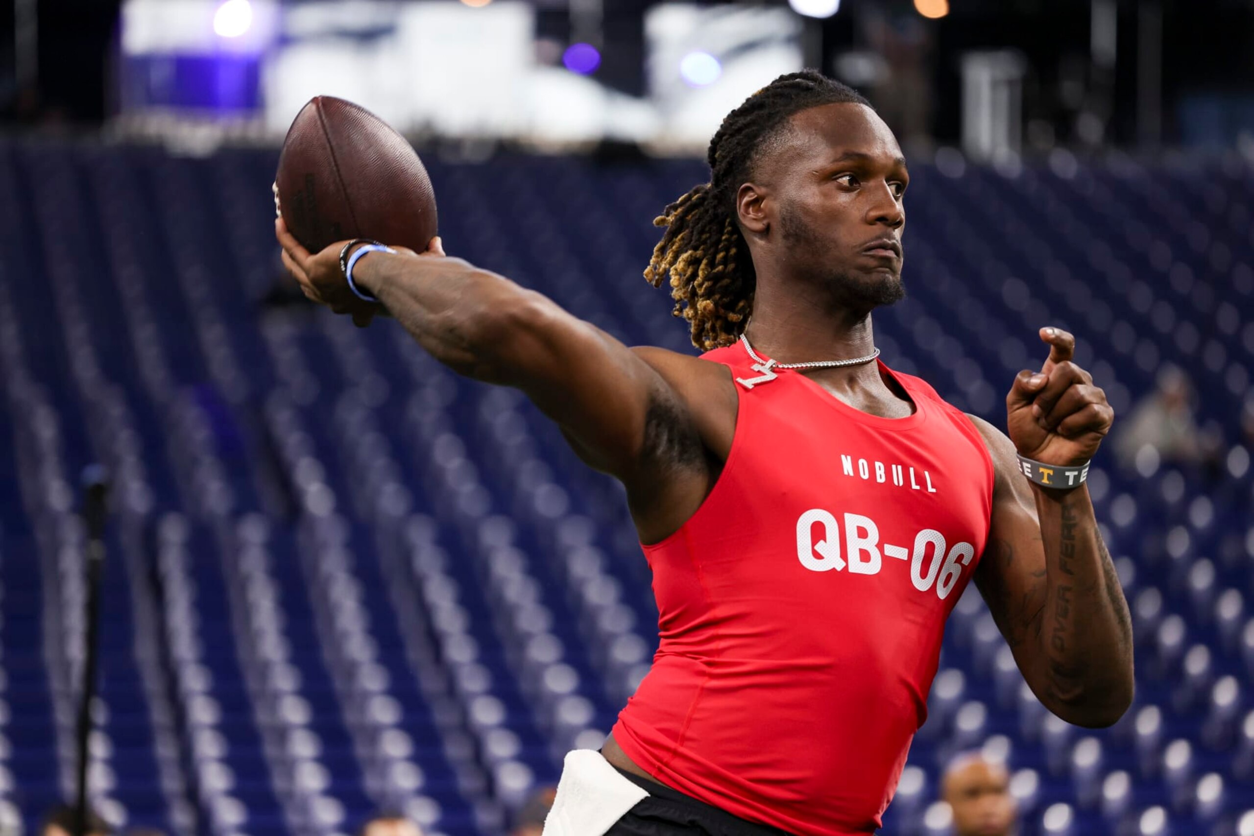 INDIANAPOLIS, INDIANA - MARCH 2: Joe Milton #QB06 of Tennessee prepares to throw a pass during the NFL Scouting Combine at Lucas Oil Stadium on March 2, 2024 in Indianapolis, Indiana. (Photo by Kara Durrette/Getty Images)