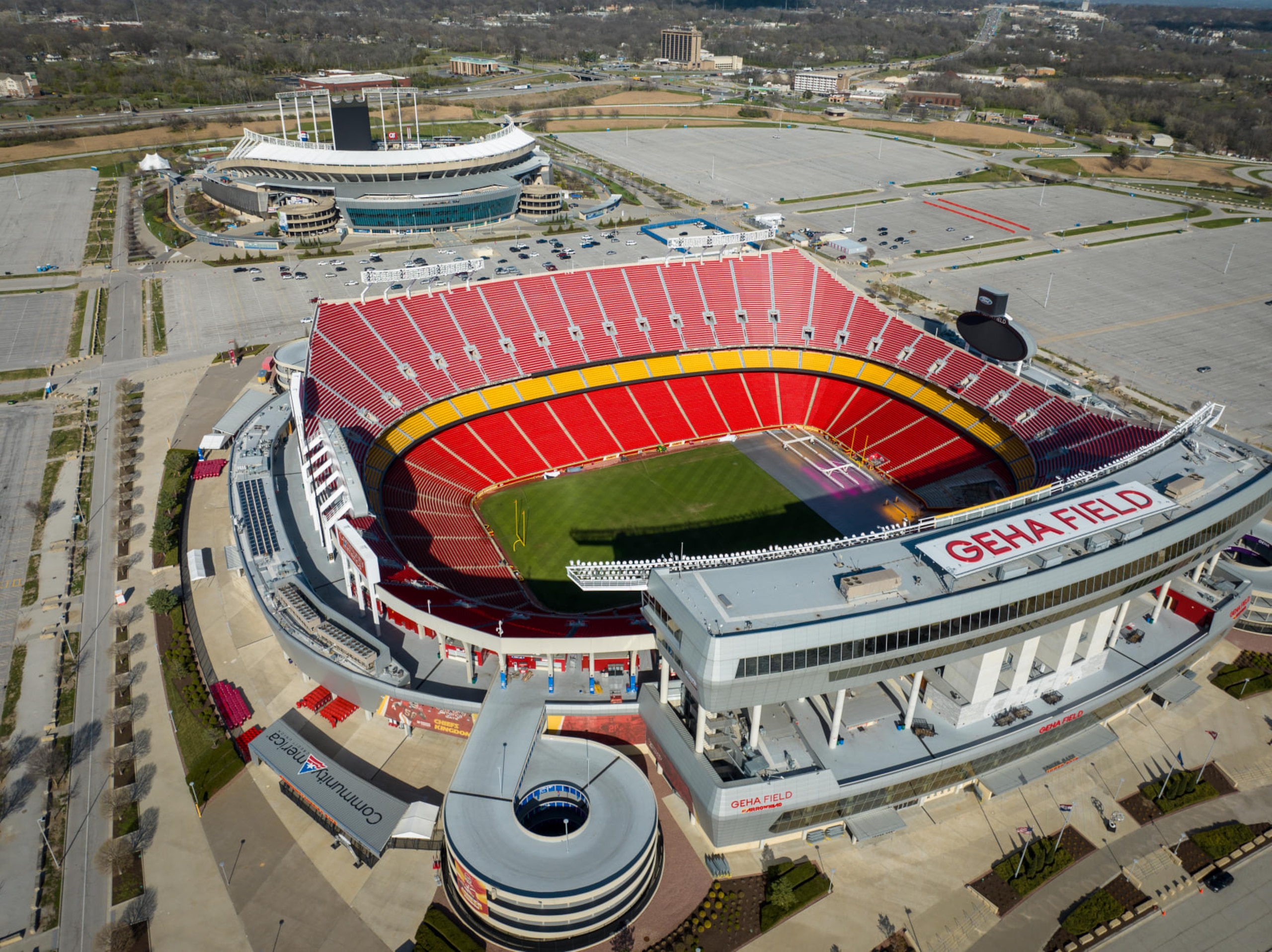 Kansas City, MO. - MARCH 30: GEHA Field at Arrowhead Stadium is the home of the Kansas City Chiefs and beyond it is Kauffman Stadium is the home of the Kansas City Royals and beyond it is . (Photo by Christopher Smith for The Washington Post via Getty Images) Kansas City, MO. - MARCH 30: GEHA Field at Arrowhead Stadium is the home of the Kansas City Chiefs and beyond it is Kauffman Stadium is the home of the Kansas City Royals and beyond it is . (Photo by Christopher Smith for The Washington Post via Getty Images)