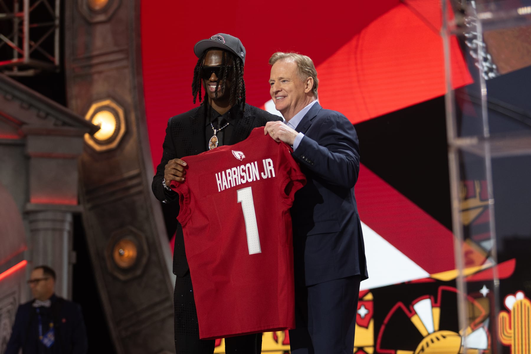 DETROIT, MI - APRIL 25: Marvin Harrison Jr. poses with NFL Commissioner Roger Goodell moments after the Arizona Cardinals selected Harrison fourth overall during day 1 of the NFL Draft on April 25, 2024 at Fox Theatre in Detroit, MI. (Photo by John Smolek/Icon Sportswire via Getty Images)