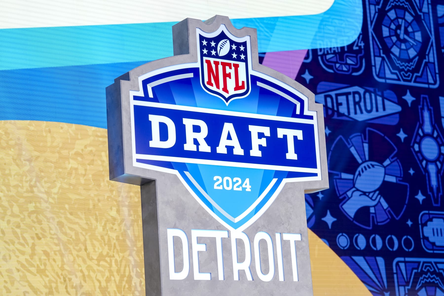 DETROIT, MICHIGAN - APRIL 27: A detail of the NFL logo for the 2024 NFL draft during round four of the 2024 NFL draft at Campus Martius Park and Hart Plaza on April 27, 2024 in Detroit, Michigan. (Photo by Nic Antaya/Getty Images)