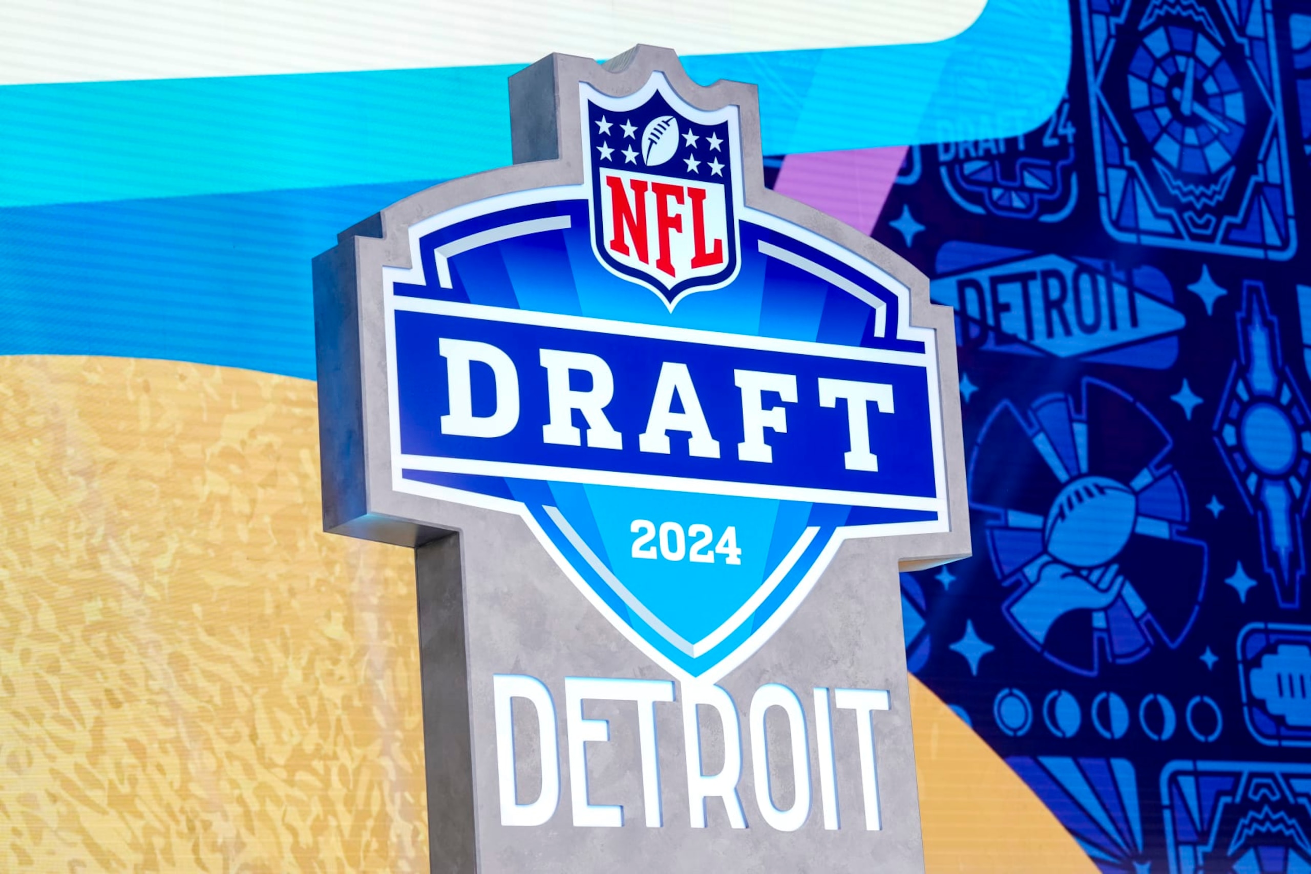 DETROIT, MICHIGAN - APRIL 27: A detail of the NFL logo for the 2024 NFL draft during round four of the 2024 NFL draft at Campus Martius Park and Hart Plaza on April 27, 2024 in Detroit, Michigan. (Photo by Nic Antaya/Getty Images)