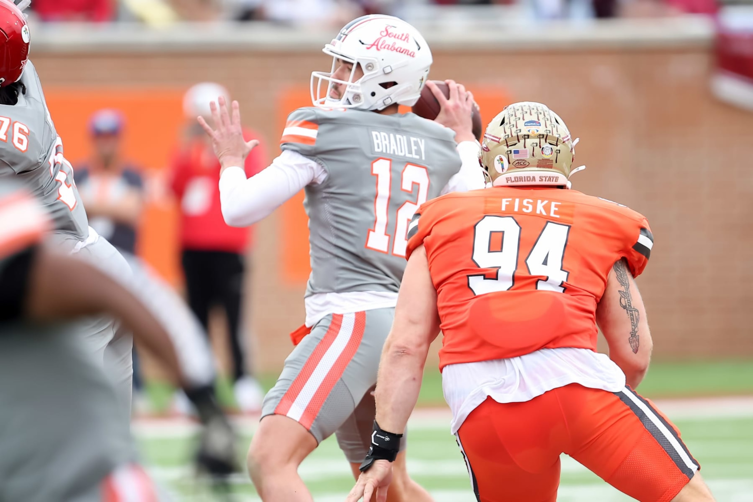 MOBILE, AL - FEBRUARY 03: American quarterback Carter Bradley of South Alabama (12) during the the 2024 Reese's Senior Bowl on February 3, 2024 at Hancock Whitney Stadium in Mobile, Alabama.  (Photo by Michael Wade/Icon Sportswire via Getty Images)