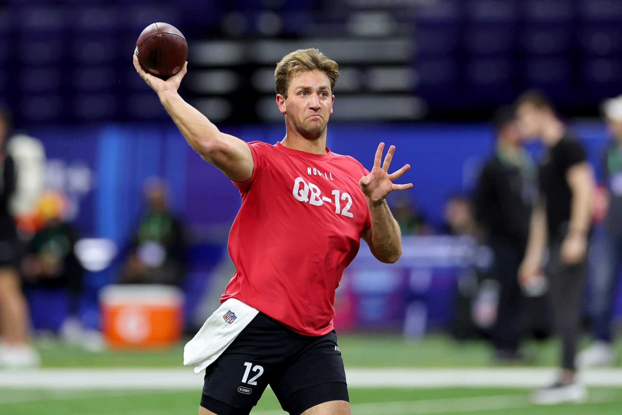 INDIANAPOLIS, INDIANA - MARCH 02: Kedon Slovis #QB12 of Brigham Young participates in a drill during the NFL Combine at Lucas Oil Stadium on March 02, 2024 in Indianapolis, Indiana. (Photo by Stacy Revere/Getty Images)