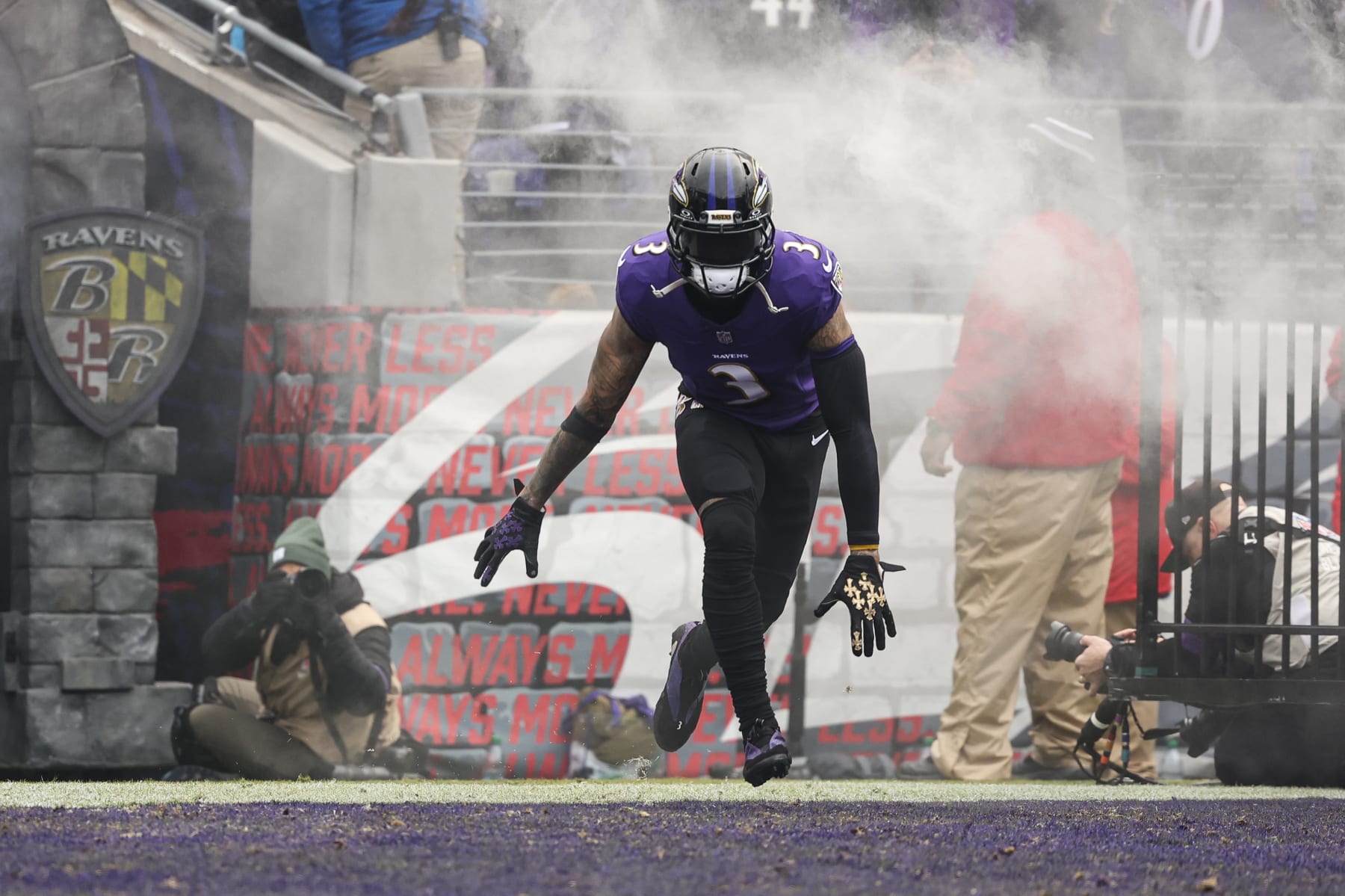 BALTIMORE, MD - JANUARY 28: Odell Beckham Jr. #3 of the Baltimore Ravens runs out of the tunnel prior to the AFC Championship NFL football game against the Kansas City Chiefs at M&T Bank Stadium on January 28, 2024 in Baltimore, Maryland. (Photo by Perry Knotts/Getty Images)