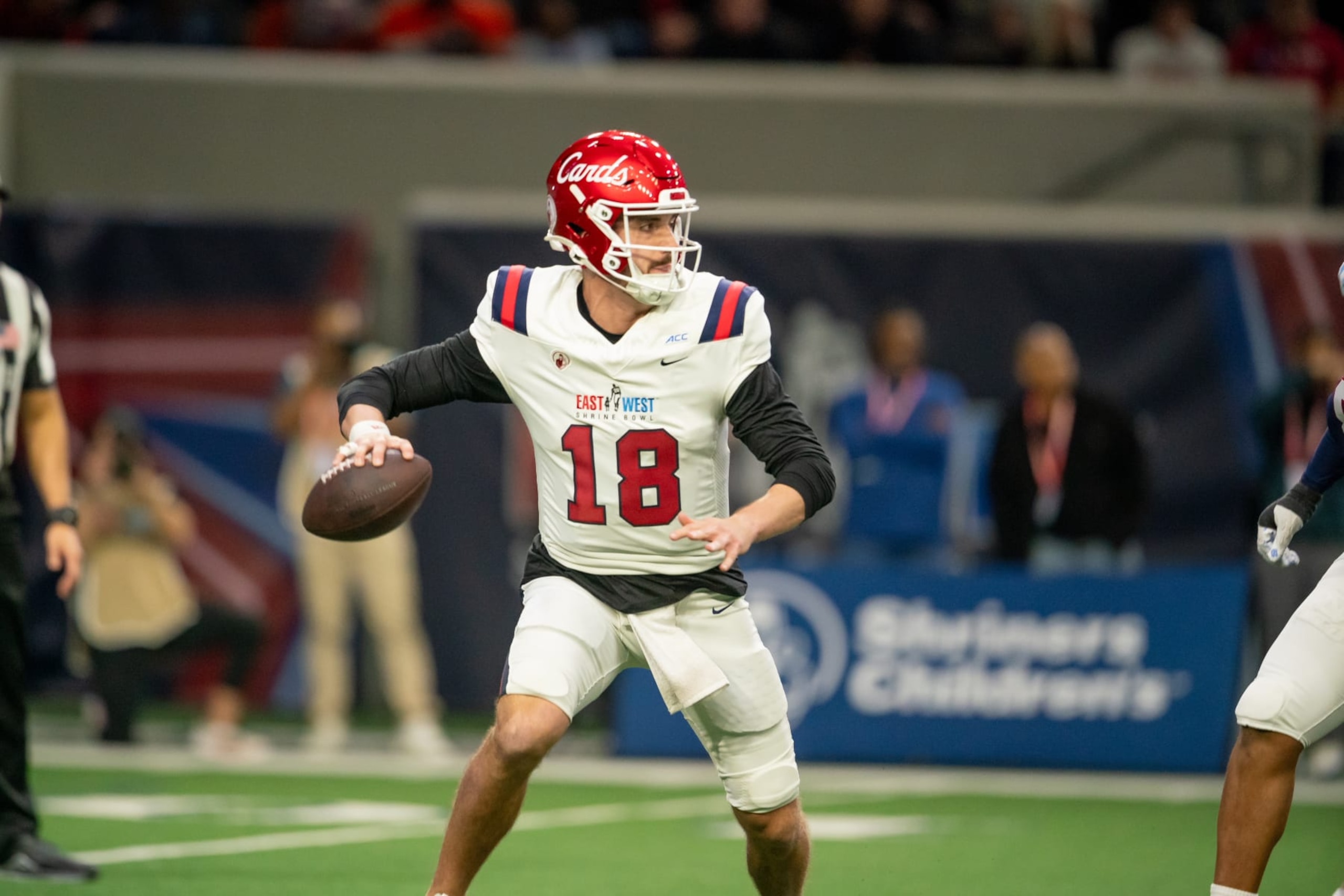 FRISCO, TX - FEBRUARY 01: East Team quarterback Jack Plummer (18) throws during the East-West Shrine Bowl game on February 1, 2024 at the Ford Center at the star in Frisco, TX. (Photo by Chris Leduc/Icon Sportswire via Getty Images)