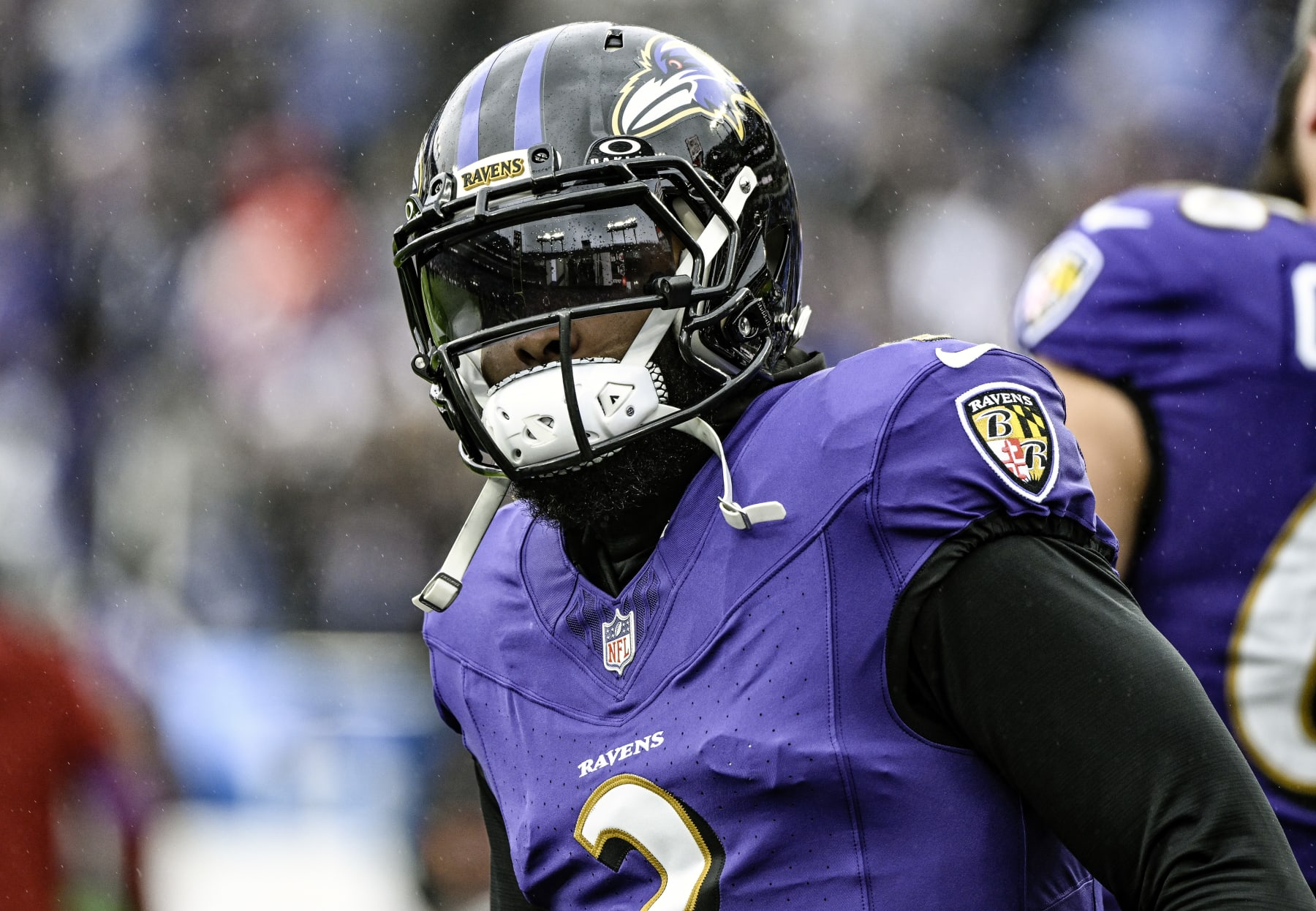 BALTIMORE, MD - JANUARY 28:  Baltimore Ravens wide receiver Odell Beckham Jr. (3) warms up prior to the Kansas City Chiefs game versus the Baltimore Ravens in the AFC Championship Game on January 28, 2024 at M&T Bank Stadium in Baltimore, MD.  (Photo by Mark Goldman/Icon Sportswire via Getty Images)