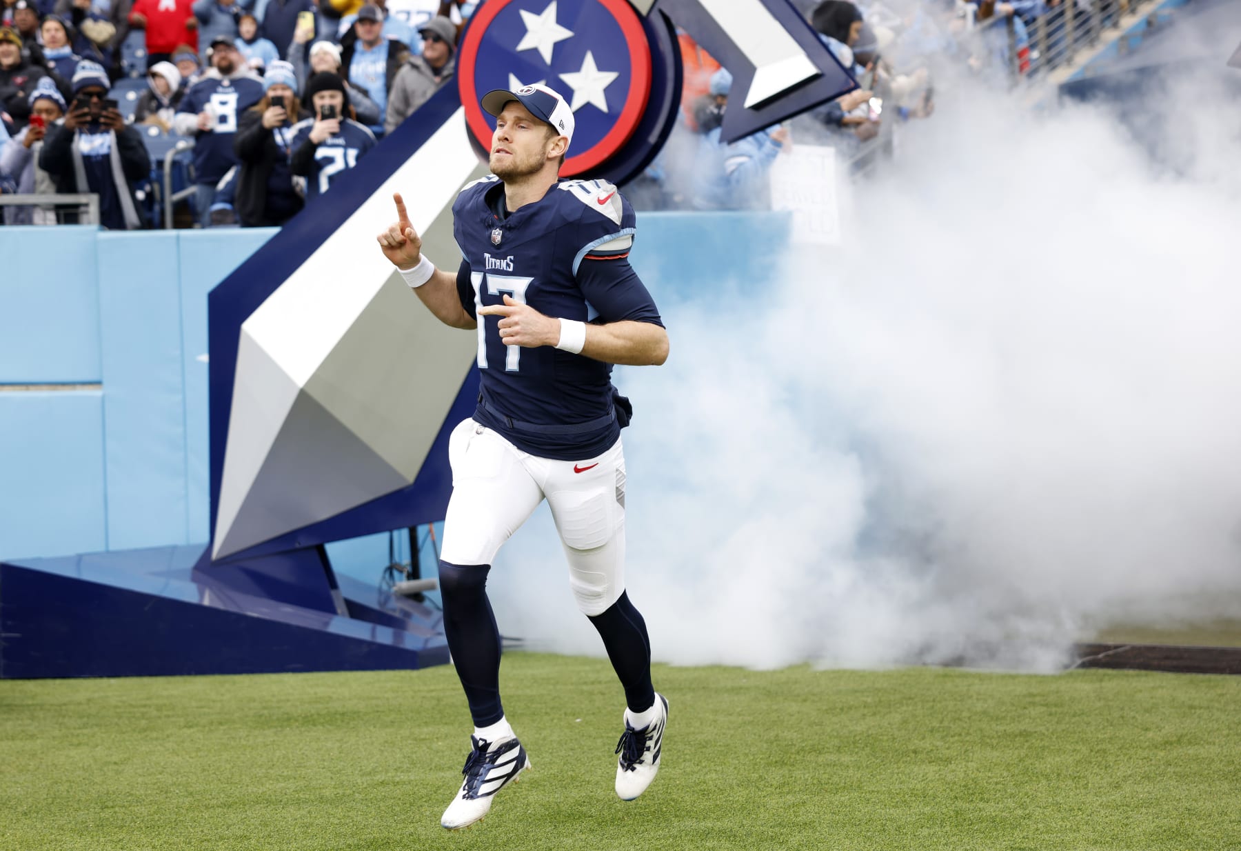 NASHVILLE, TENNESSEE - JANUARY 07: Ryan Tannehill #17 of the Tennessee Titans runs onto the field before the game against the Jacksonville Jaguars at Nissan Stadium on January 07, 2024 in Nashville, Tennessee. (Photo by Wesley Hitt/Getty Images)