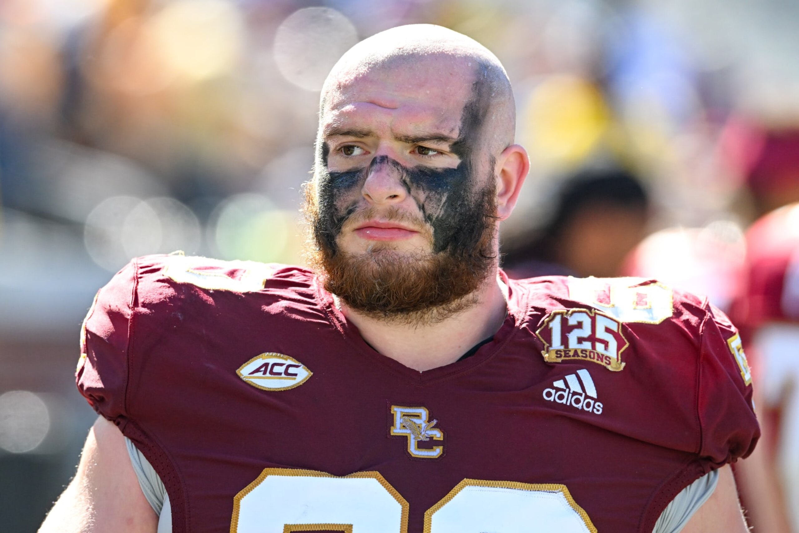 ATLANTA, GA  OCTOBER 21:  Boston College offensive lineman Kyle Hergel (60) reacts during the college football game between the Boston College Eagles and the Georgia Tech Yellow Jackets on October 21st, 2023 at Bobby Dodd Stadium in Atlanta, GA.  (Photo by Rich von Biberstein/Icon Sportswire via Getty Images)