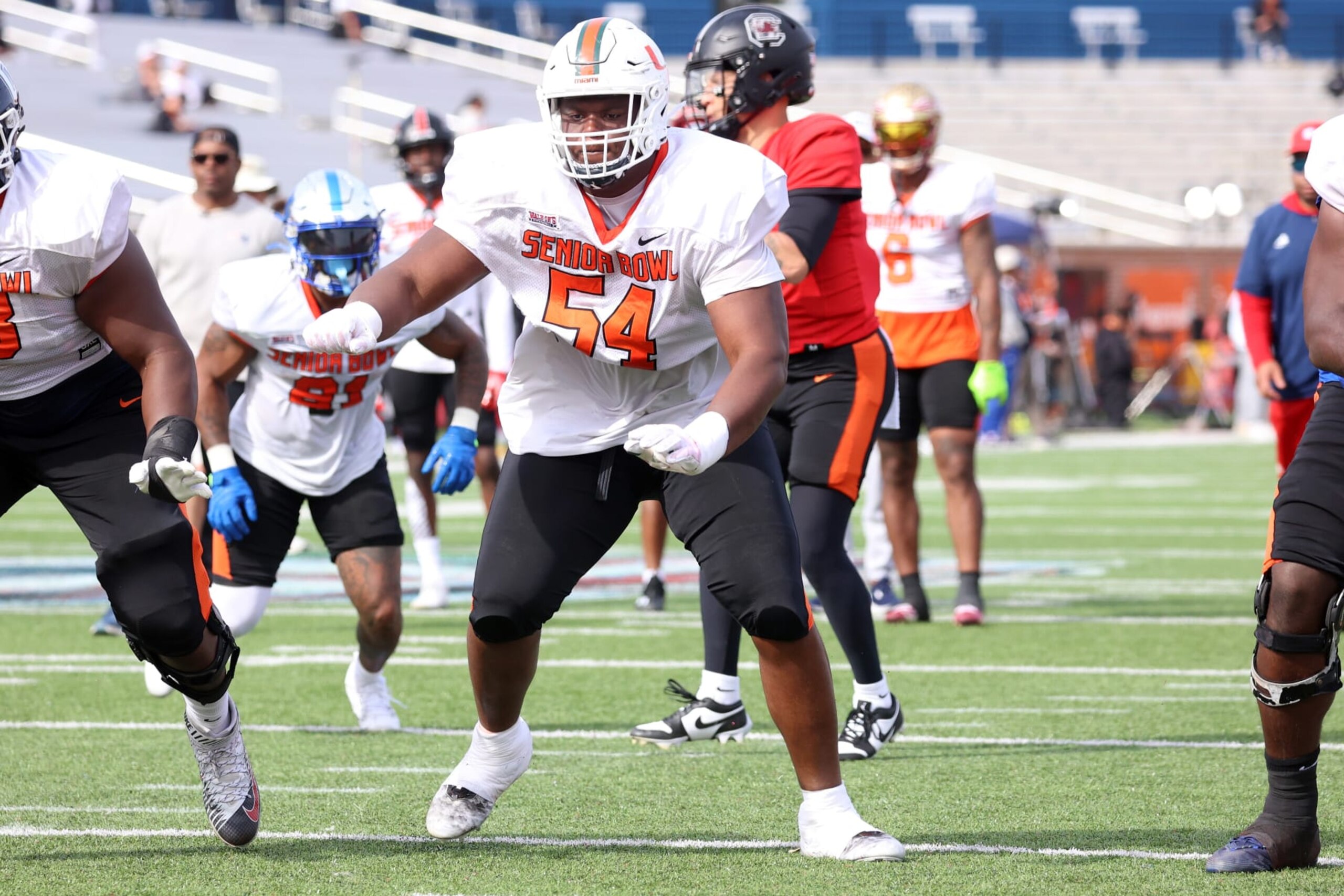 MOBILE, AL - FEBRUARY 01: American offensive lineman Javion Cohen of Miami (54) during the American team practice for the Reese's Senior Bowl on February 31, 2024 at Hancock Whitney Stadium in Mobile, Alabama.  (Photo by Michael Wade/Icon Sportswire via Getty Images)