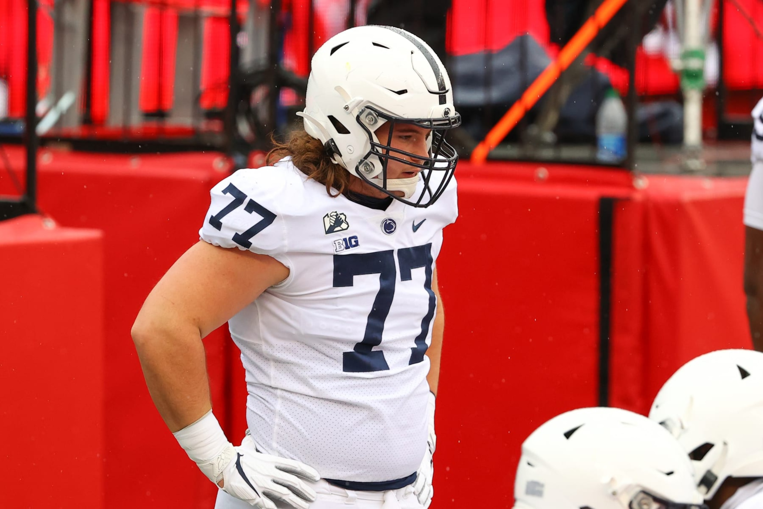 PISCATAWAY, NJ - DECEMBER 05:  Penn State Nittany Lions defensive tackle Judge Culpepper (77)  during warm ups prior to the college football game between the Rutgers Scarlet Knights and the Penn State Nittany Lions on December 5, 2020 at SHI Stadium in Piscataway, NJ.  (Photo by Rich Graessle/Icon Sportswire via Getty Images)