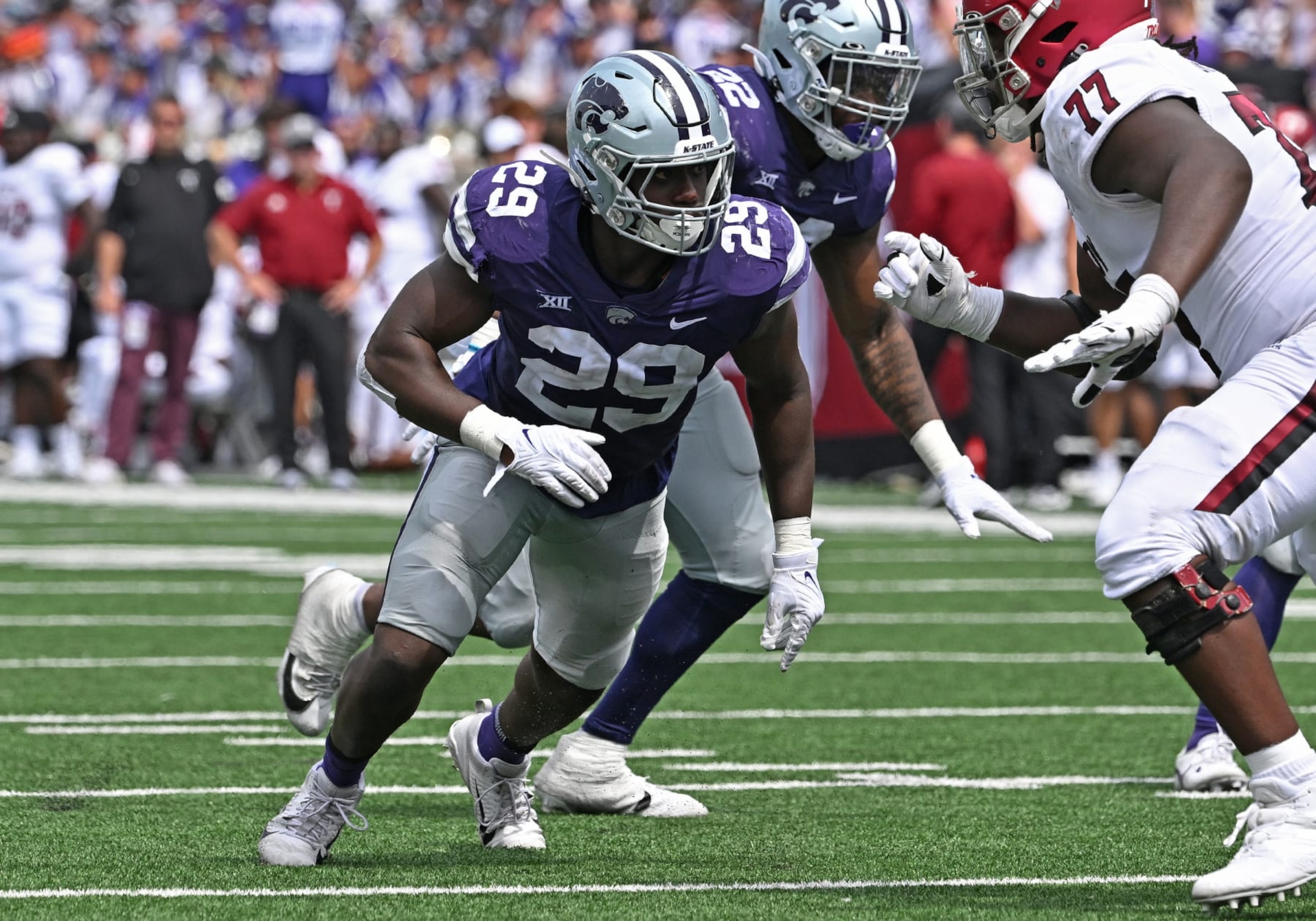 MANHATTAN, KS - SEPTEMBER 09:  Defensive end Khalid Duke #29 of the Kansas State Wildcats gets rushes against the Troy Trojans in the first half at Bill Snyder Family Football Stadium on September 09, 2023 in Manhattan, Kansas. (Photo by Peter G. Aiken/Getty Images)