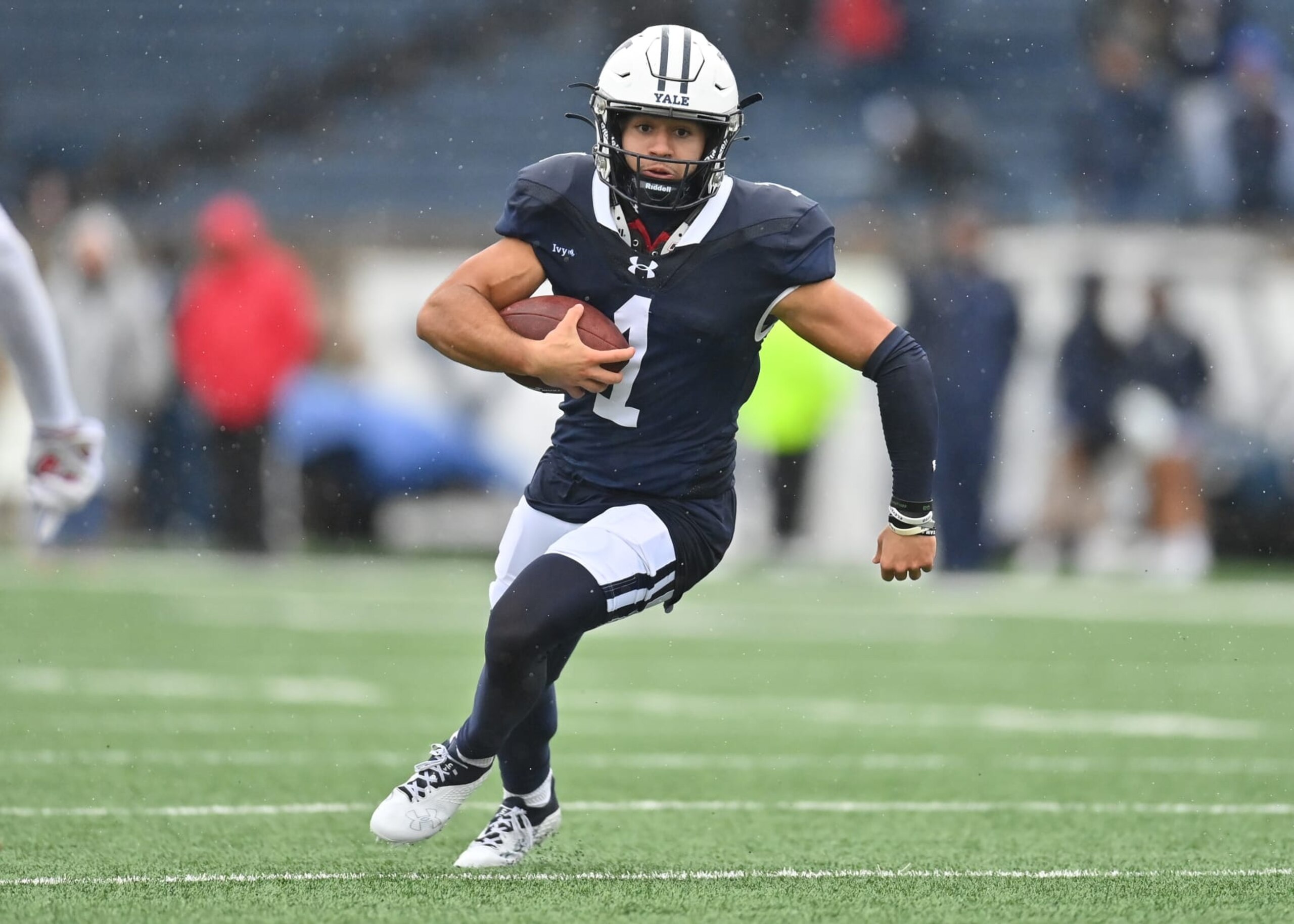 NEW HAVEN, CT - OCTOBER 14: Yale Bulldogs wide receiver Mason Tipton (1) carries the ball during the game as the Sacred Heart Pioneers take on the Yale Bulldogs on Octoberber 14, 2023, at the Yale Bowl, Class of 1954 Field in New Haven, Connecticut.(Photo by Williams Paul/Icon Sportswire via Getty Images)