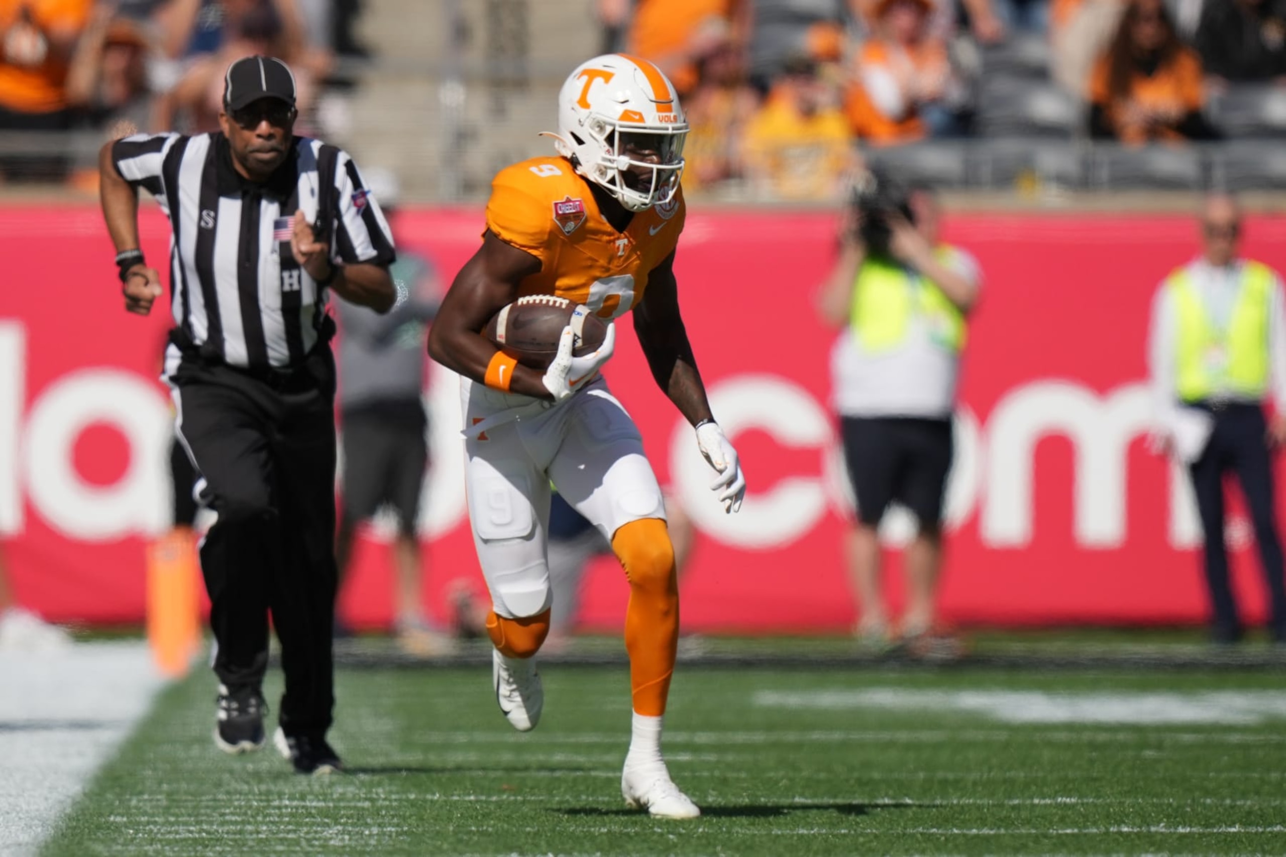 ORLANDO, FL - JANUARY 01: Tennessee Volunteers wide receiver Ramel Keyton (9) runs after a catch during the 2024 Cheez-It Citrus Bowl between Iowa Hawkeyes and the Tennessee Volunteers on Monday, January 1, 2024 at Camping World Stadium, Orlando, Fla. (Photo by Peter Joneleit/Icon Sportswire via Getty Images)