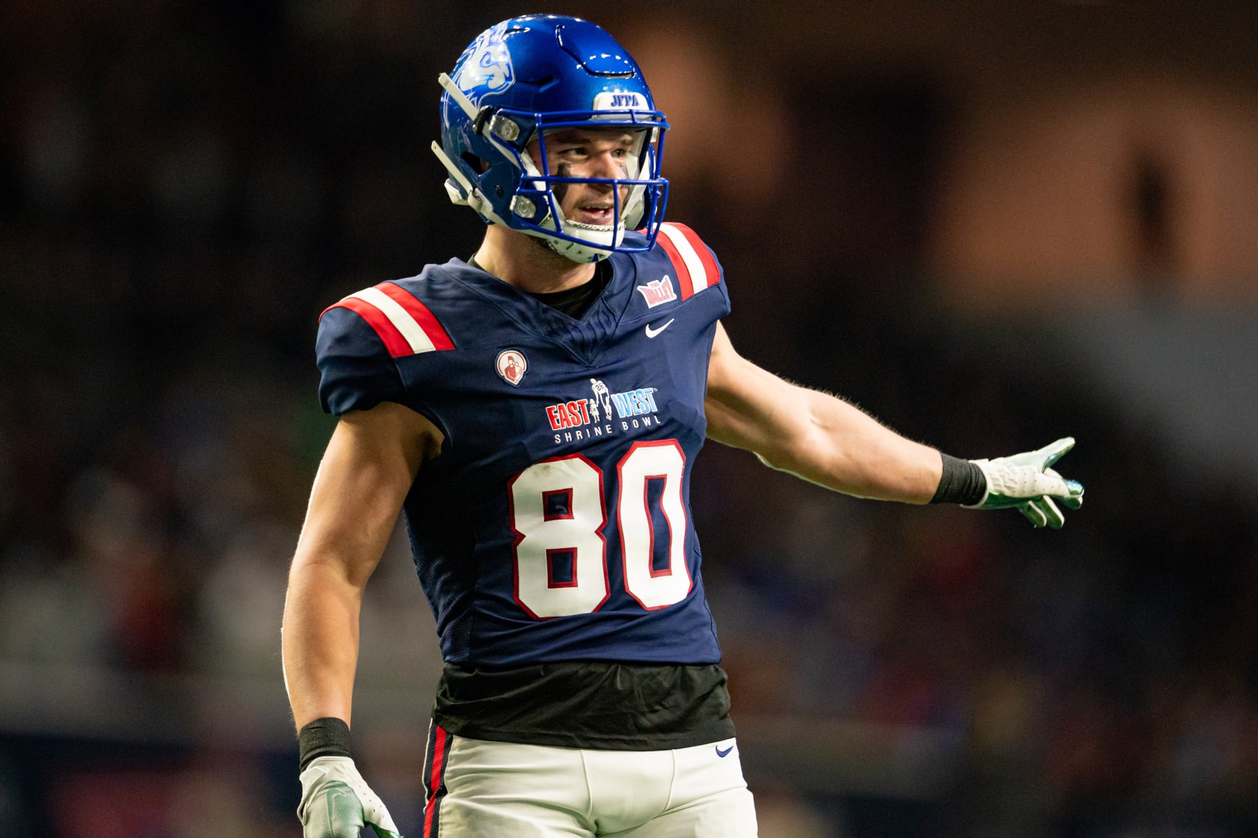 FRISCO, TX - FEBRUARY 01: West Team wide receiver Jadon Janke (80) of SDSU gets set during the East-West Shrine Bowl game on February 1, 2024 at the Ford Center at the star in Frisco, TX. (Photo by Chris Leduc/Icon Sportswire via Getty Images)