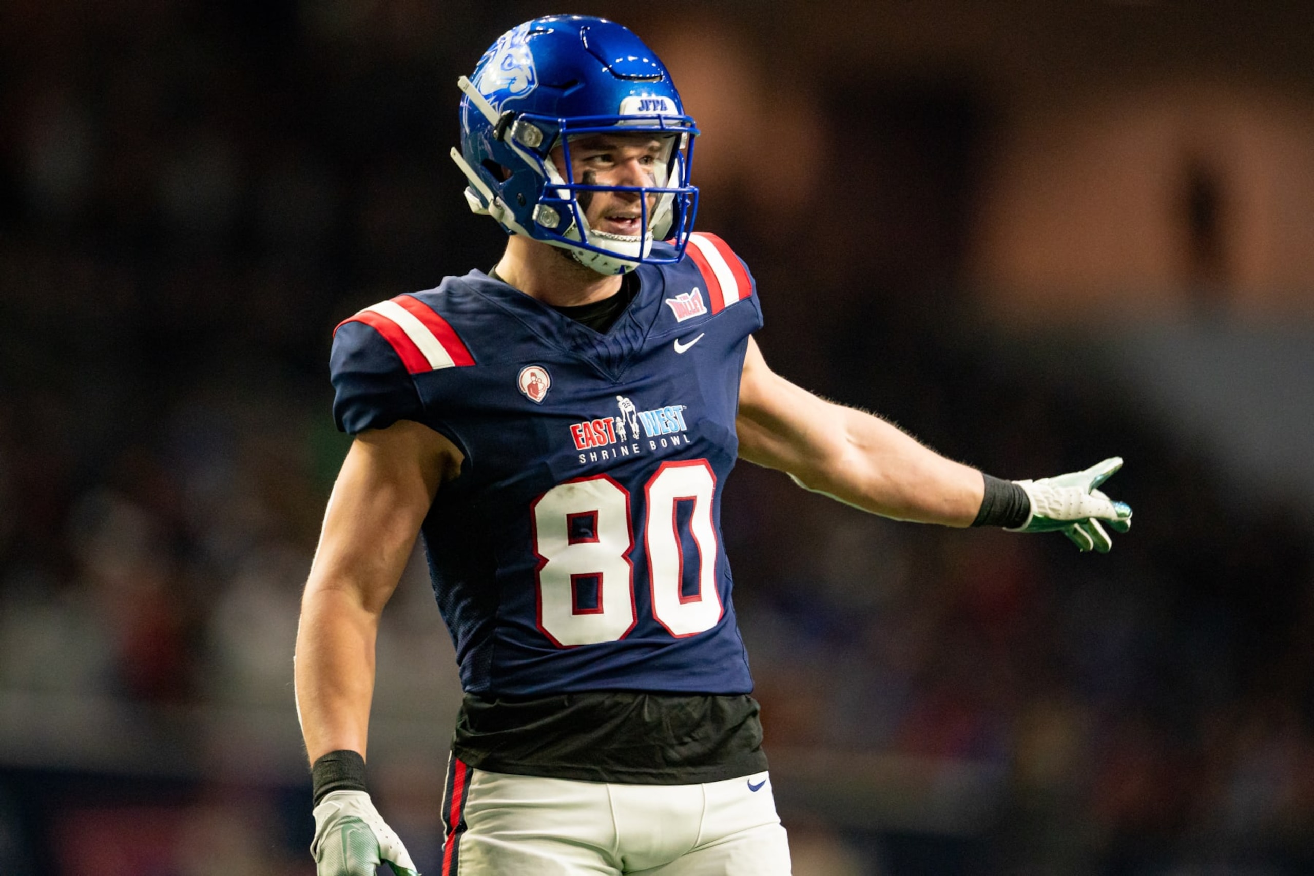 FRISCO, TX - FEBRUARY 01: West Team wide receiver Jadon Janke (80) of SDSU gets set during the East-West Shrine Bowl game on February 1, 2024 at the Ford Center at the star in Frisco, TX. (Photo by Chris Leduc/Icon Sportswire via Getty Images)