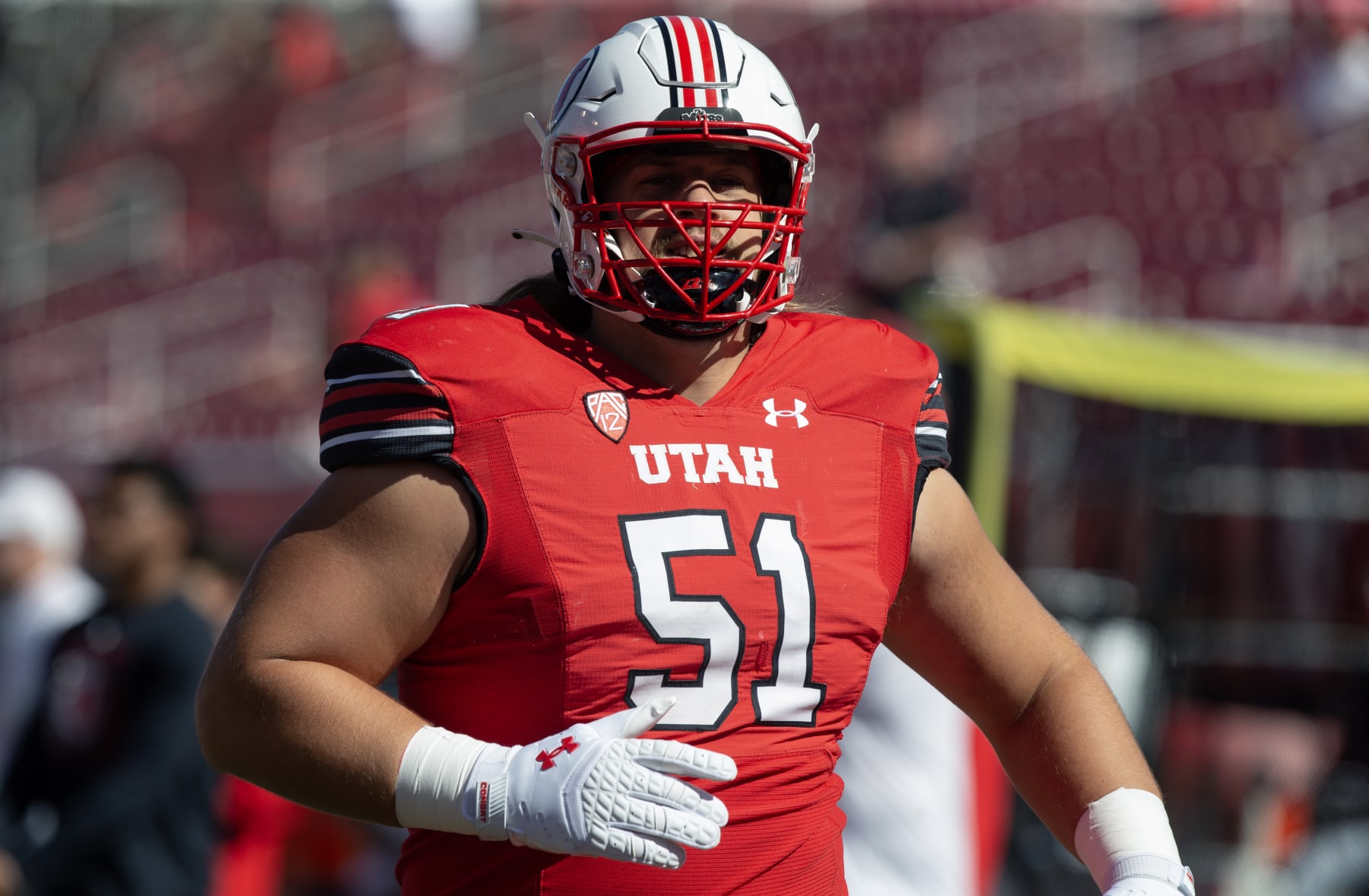 SALT LAKE CITY, UT - SEPTEMBER 16: Keaton Bills #51 of the Utah Utes runs during warmups before their game against the Weber State Wildcats at Rice-Eccles Stadium September 16, 2023 in Salt Lake City, Utah. (Photo by Chris Gardner/Getty Images)