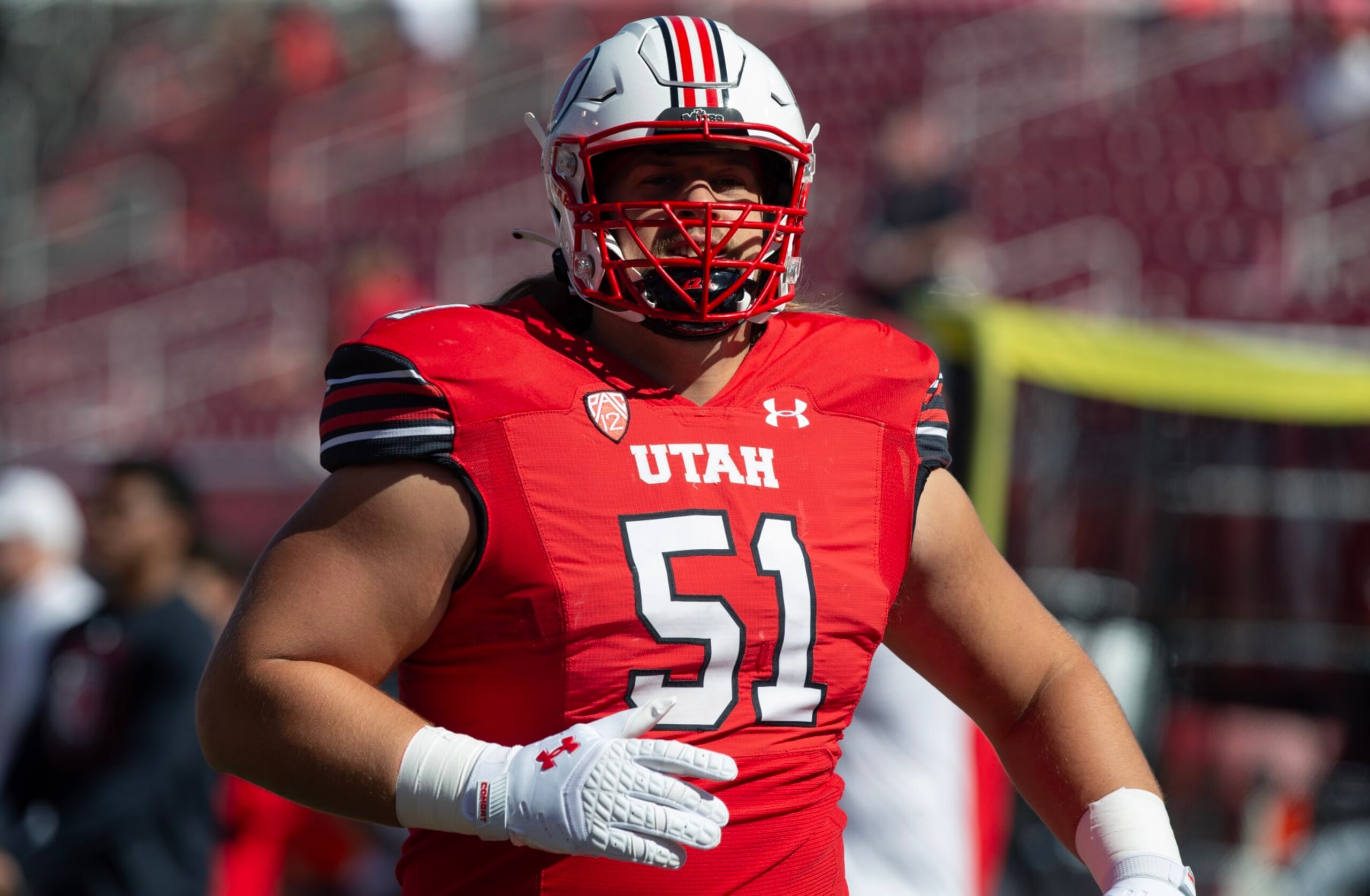 SALT LAKE CITY, UT - SEPTEMBER 16: Keaton Bills #51 of the Utah Utes runs during warmups before their game against the Weber State Wildcats at Rice-Eccles Stadium September 16, 2023 in Salt Lake City, Utah. (Photo by Chris Gardner/Getty Images)