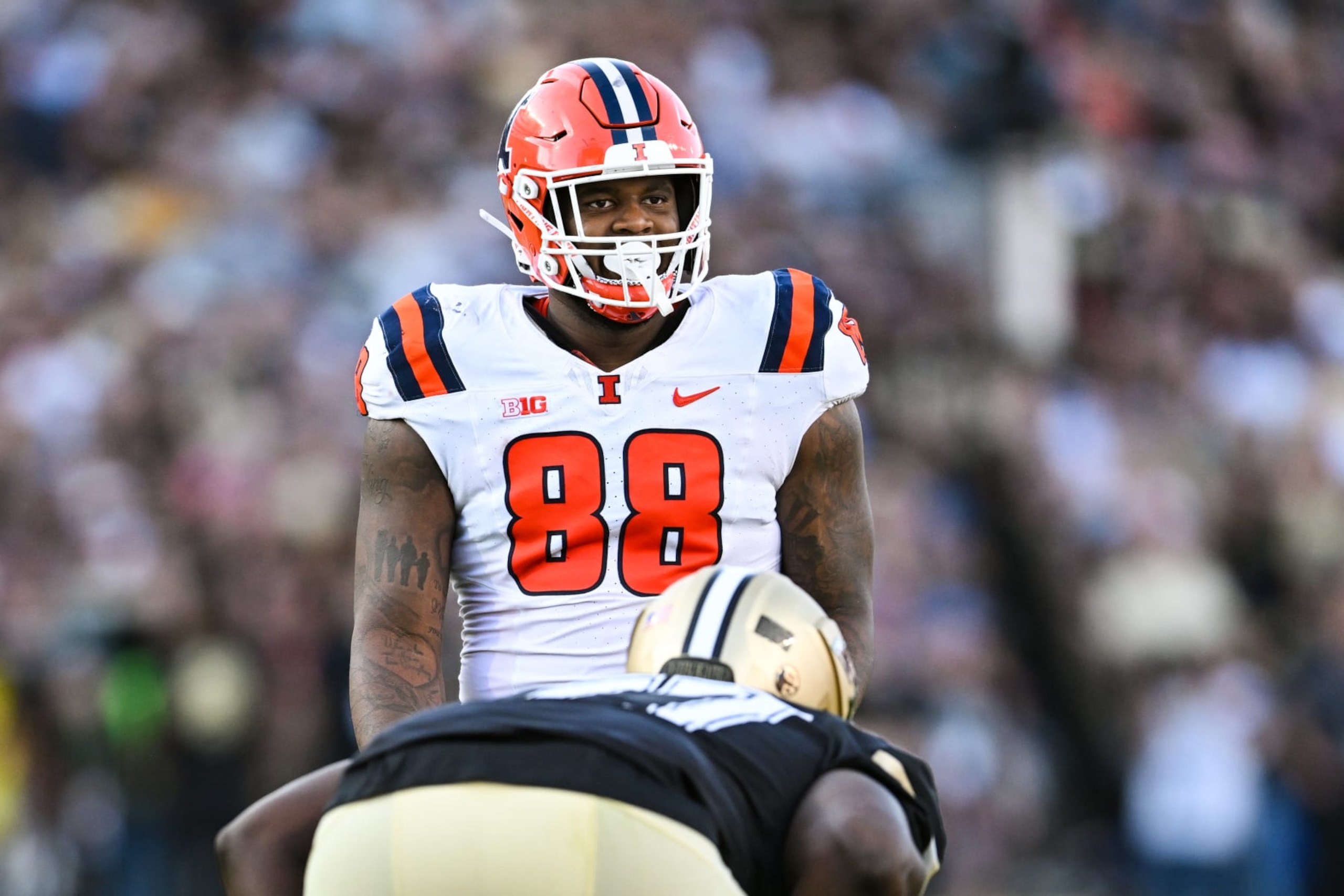 WEST LAFAYETTE, IN - SEPTEMBER 30: Illinois DT Keith Randolph Jr. (89) during a college football game between the Illinois Fighting Illini and Purdue Boilermakers on September 30, 2023 at Ross-Ade Stadium in West Lafayette, IN.  (Photo by James Black/Icon Sportswire via Getty Images)