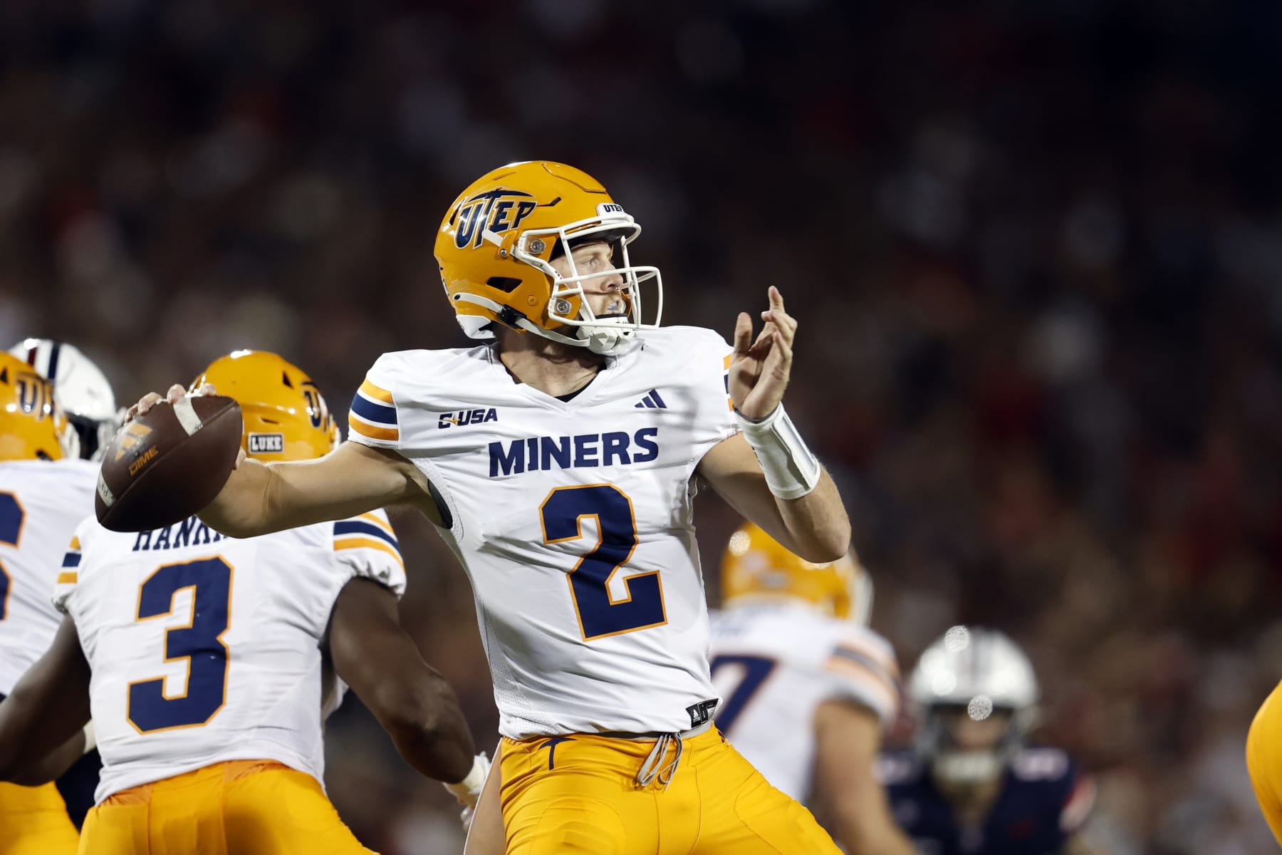 TUCSON, ARIZONA - SEPTEMBER 16: Quarterback Gavin Hardison #2 of the UTEP Miners throws a pass against the Arizona Wildcats during the first half of the college football game at Arizona Stadium on September 16, 2023 in Tucson, Arizona. (Photo by Chris Coduto/Getty Images)