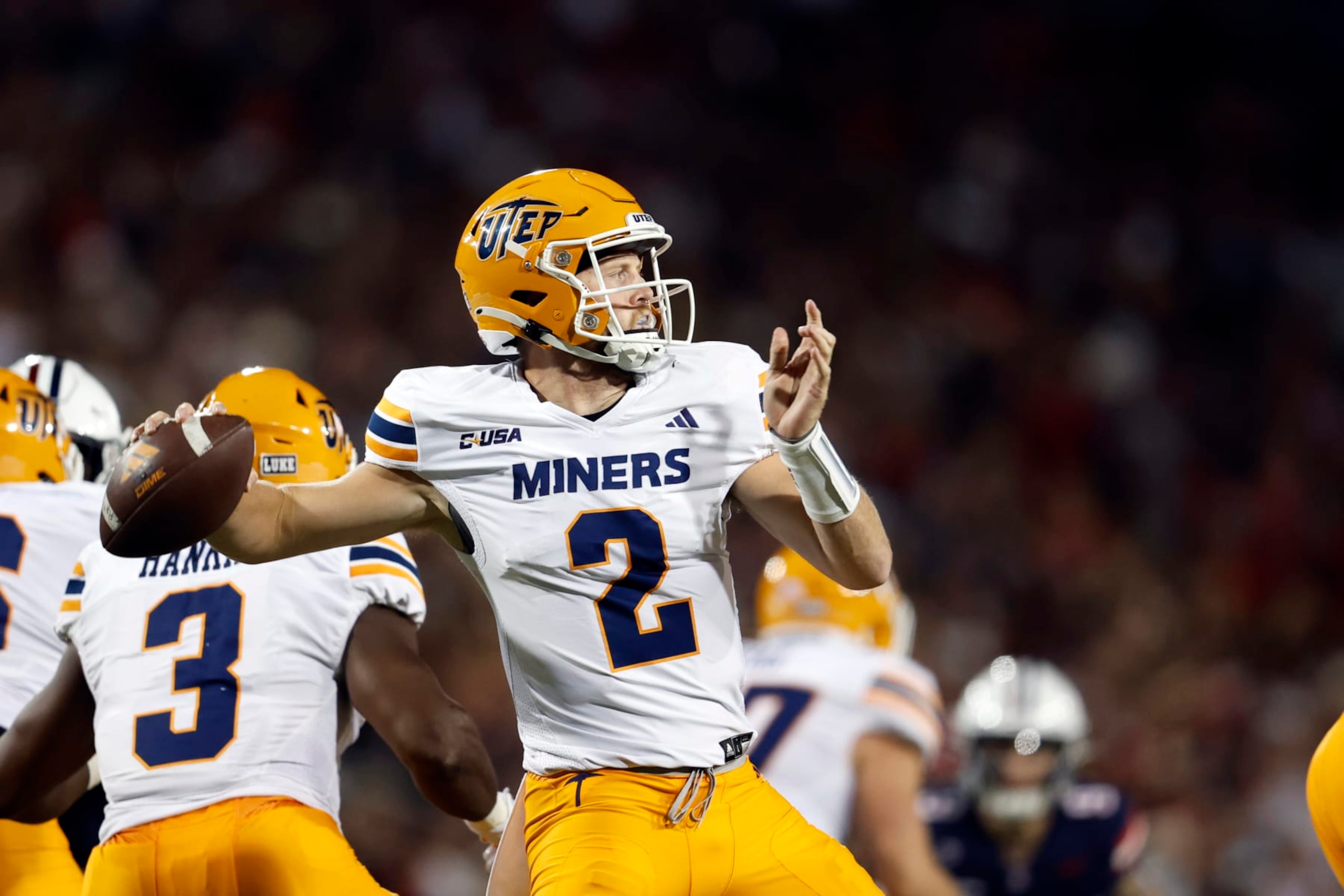 TUCSON, ARIZONA - SEPTEMBER 16: Quarterback Gavin Hardison #2 of the UTEP Miners throws a pass against the Arizona Wildcats during the first half of the college football game at Arizona Stadium on September 16, 2023 in Tucson, Arizona. (Photo by Chris Coduto/Getty Images)