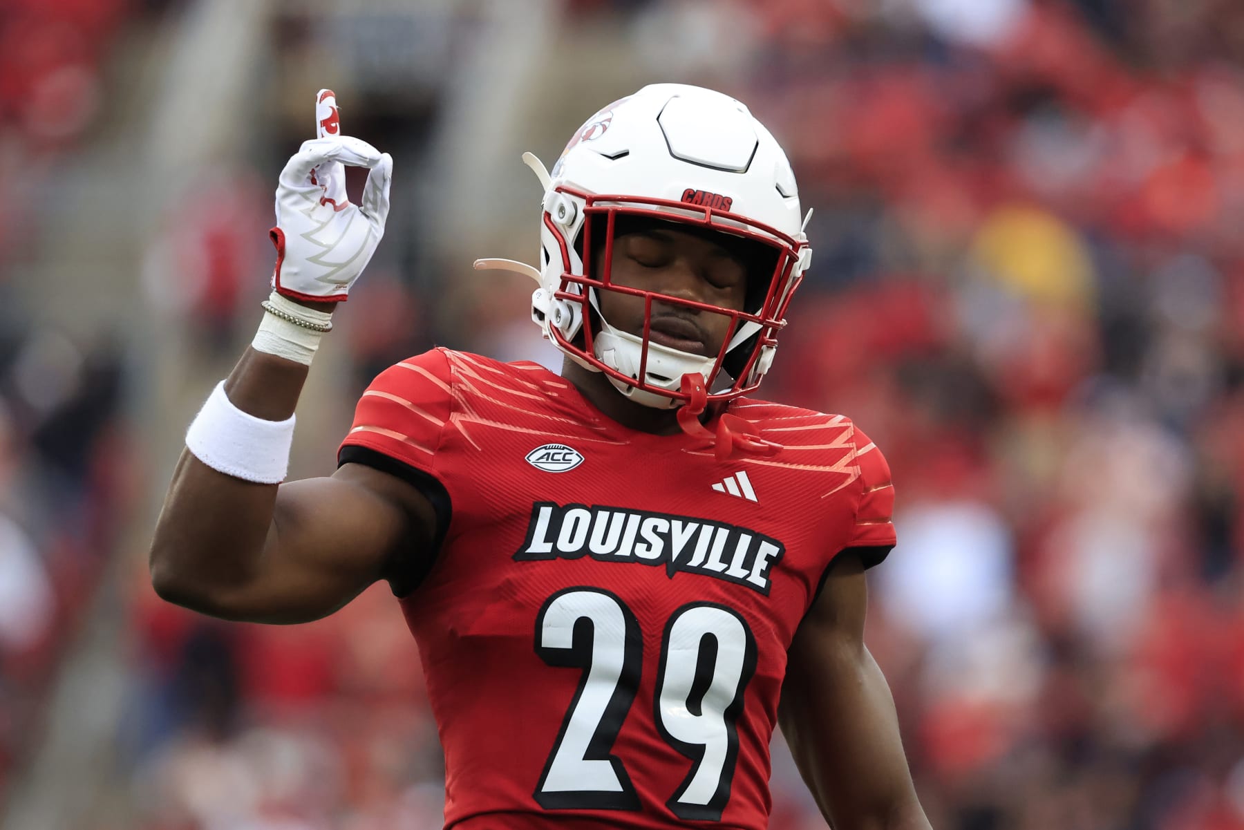 LOUISVILLE, KENTUCKY - OCTOBER 28: Storm Duck #29 of the Louisville Cardinals reacts in the game against the Duke Blue Devils at Cardinal Stadium on October 28, 2023 in Louisville, Kentucky. (Photo by Justin Casterline/Getty Images)
