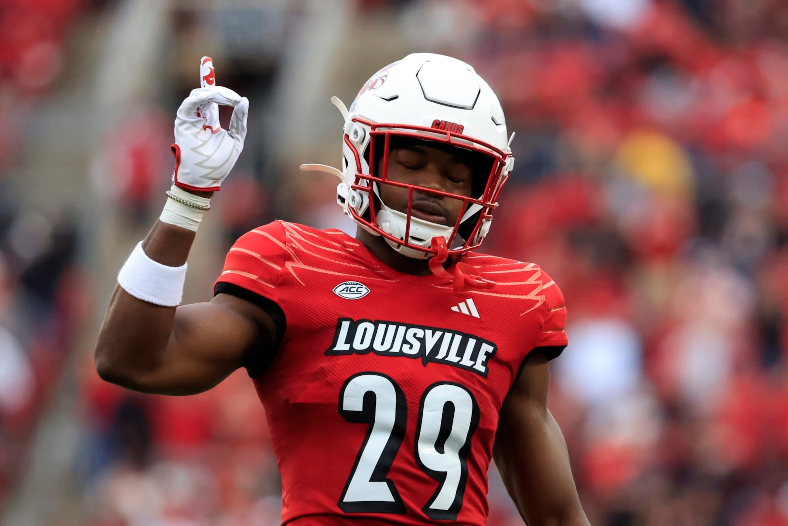 LOUISVILLE, KENTUCKY - OCTOBER 28: Storm Duck #29 of the Louisville Cardinals reacts in the game against the Duke Blue Devils at Cardinal Stadium on October 28, 2023 in Louisville, Kentucky. (Photo by Justin Casterline/Getty Images)
