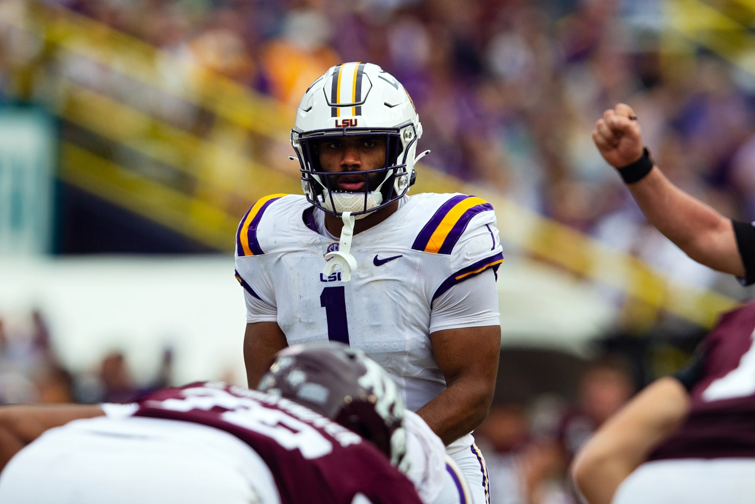 BATON ROUGE, LA - NOVEMBER 25: LSU Tigers linebacker Omar Speights (1) during a game between the Texas A&M Aggies and the LSU Tigers in Tiger Stadium in Baton Rouge, Louisiana on November 25, 2023.(Photo by John Korduner/Icon Sportswire via Getty Images)