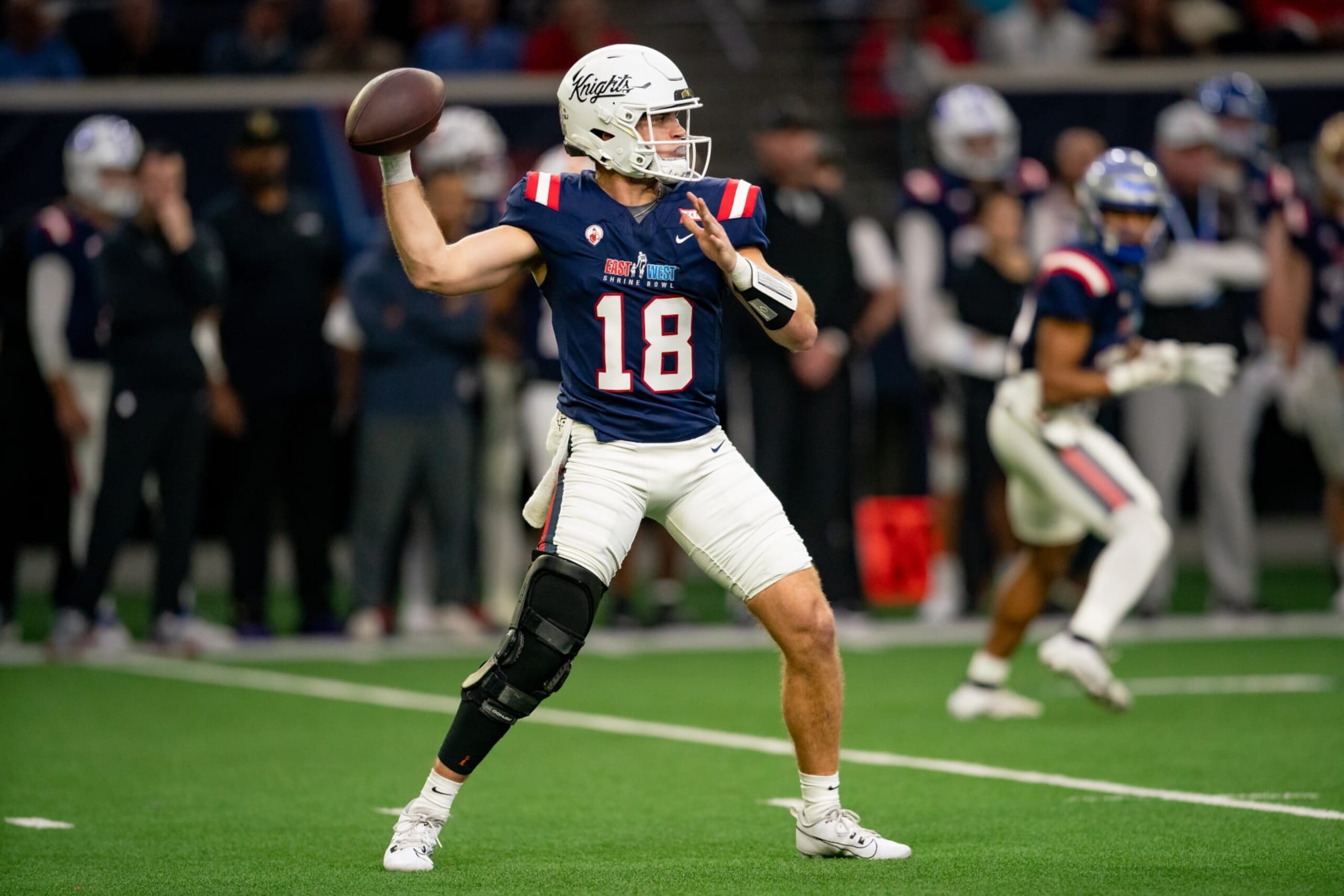 FRISCO, TX - FEBRUARY 01: West Team quarterback John Rhys Plumlee (18) throws a pass during the East-West Shrine Bowl game on February 1, 2024 at the Ford Center at the star in Frisco, TX. (Photo by Chris Leduc/Icon Sportswire via Getty Images)