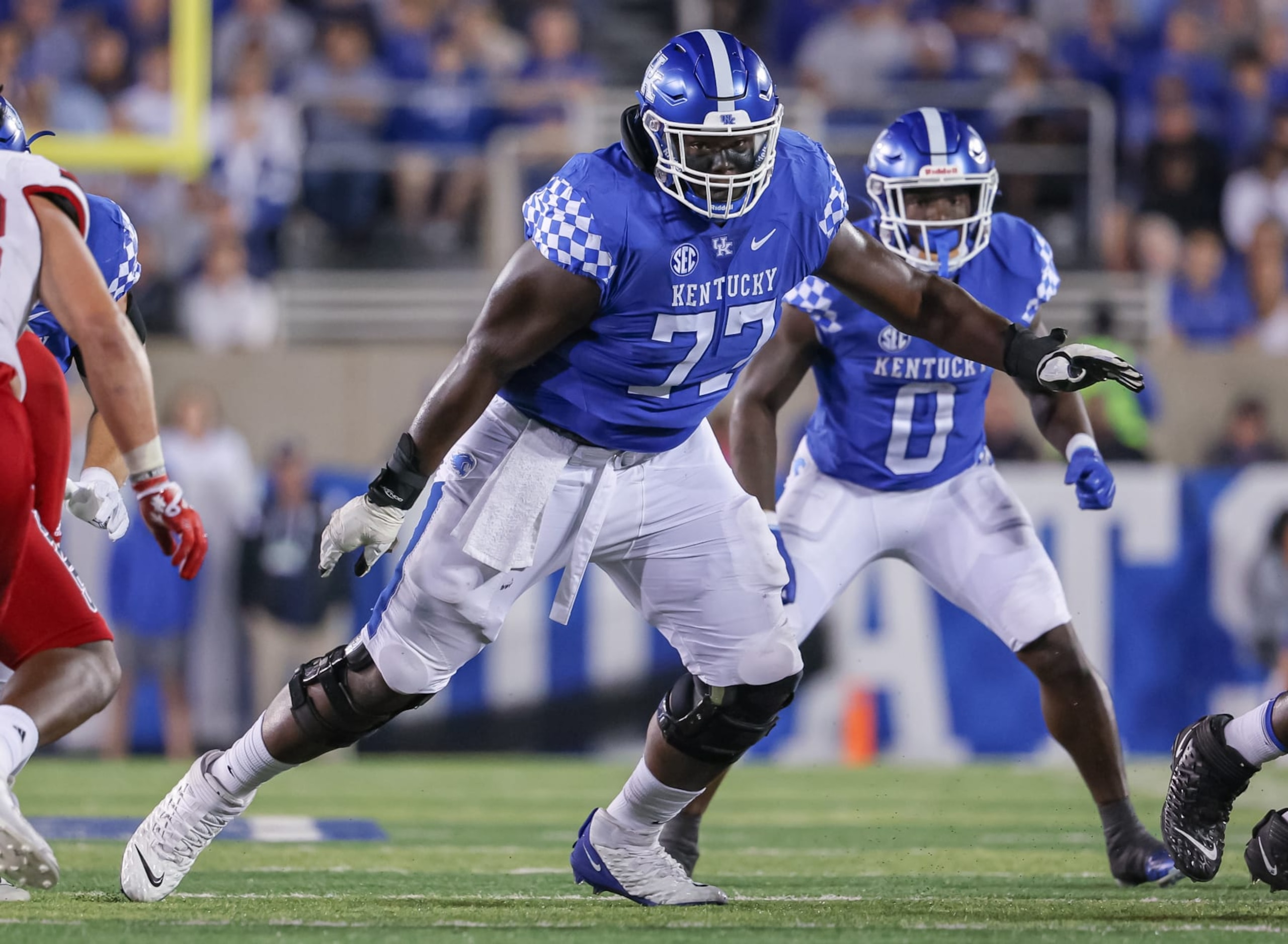 LEXINGTON, KY - SEPTEMBER 24: Jeremy Flax #77 of the Kentucky Wildcats is seen during the game against the Northern Illinois Huskies at Kroger Field on September 24, 2022 in Lexington, Kentucky. (Photo by Michael Hickey/Getty Images)