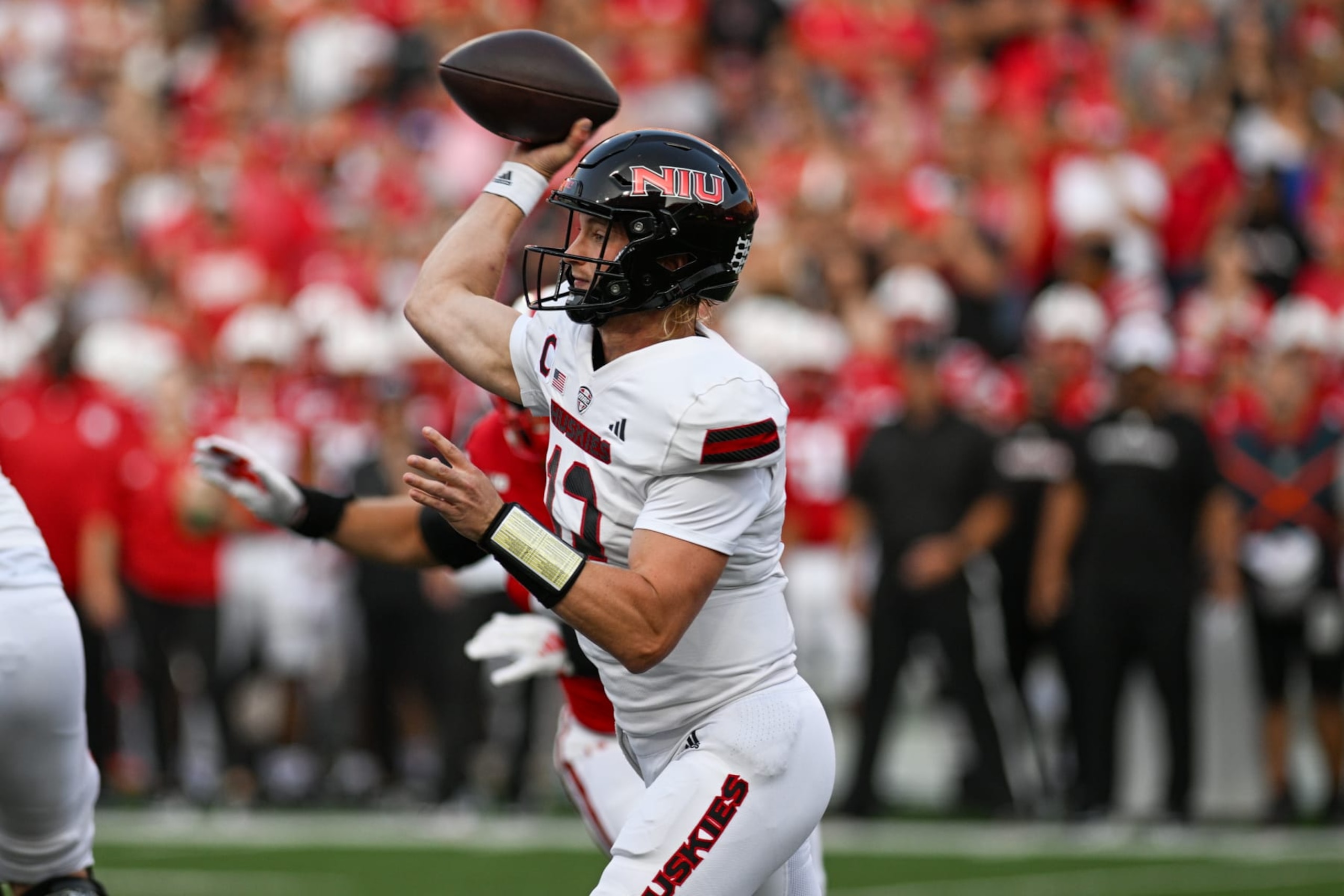 LINCOLN, NEBRASKA - SEPTEMBER 16: Quarterback Rocky Lombardi #12 of the Northern Illinois Huskies passes against the Nebraska Cornhuskers in the first quarter at Memorial Stadium on September 16, 2023 in Lincoln, Nebraska. (Photo by Steven Branscombe/Getty Images)