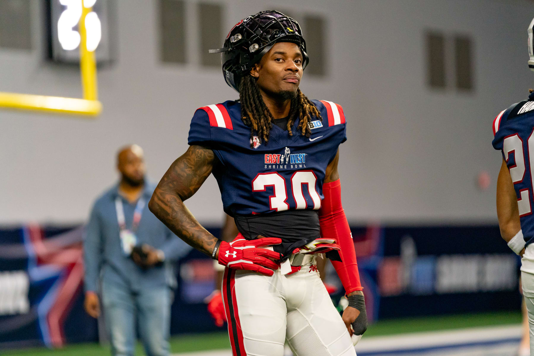 FRISCO, TX - FEBRUARY 01: West Team cornerback Ja'Quan Sheppard (30) of Maryland rests before the East-West Shrine Bowl game on February 1, 2024 at the Ford Center at the star in Frisco, TX. (Photo by Chris Leduc/Icon Sportswire via Getty Images)