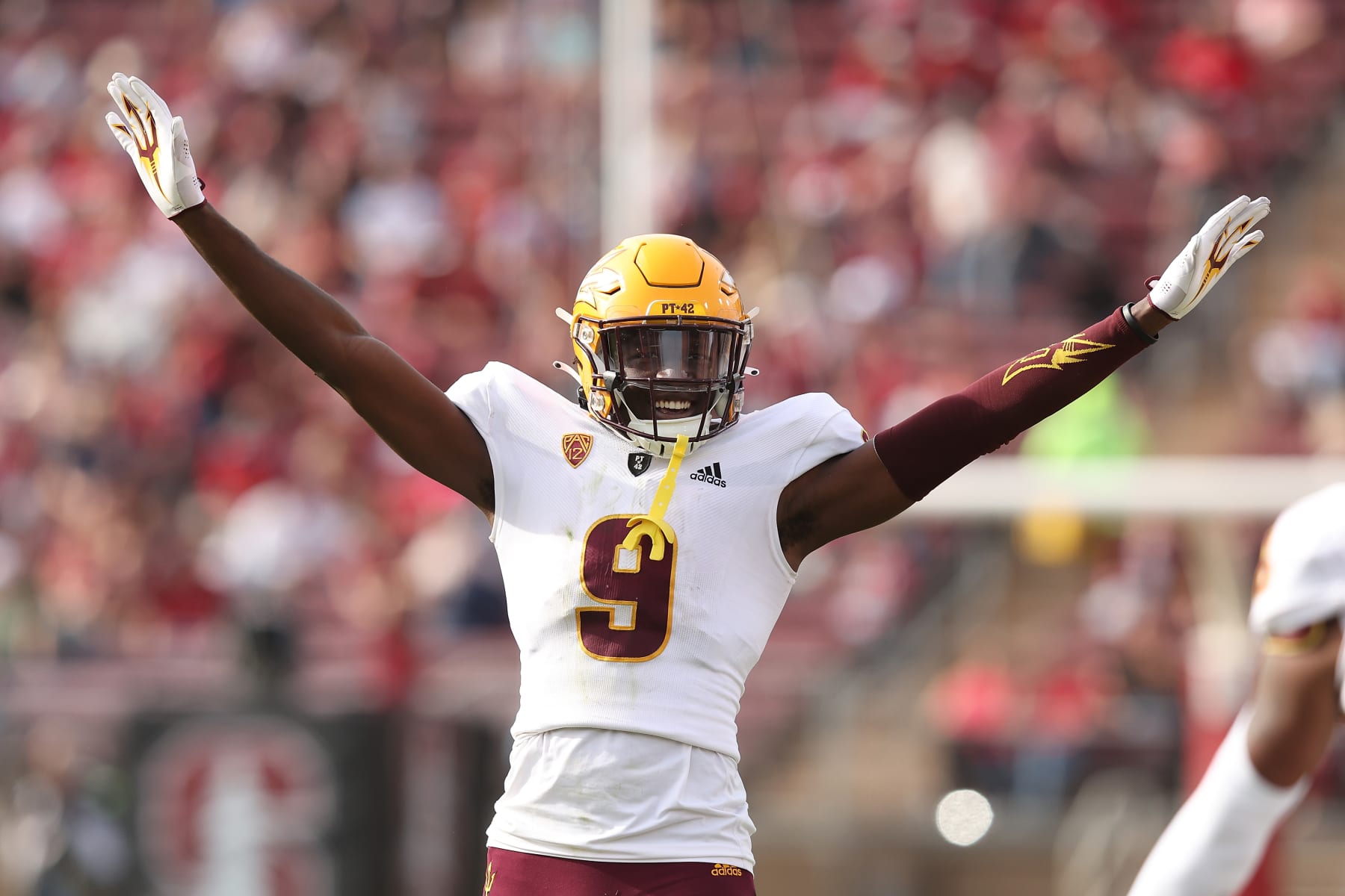 STANFORD, CALIFORNIA - OCTOBER 22: Defensive back Ro Torrence #9 of the Arizona State Sun Devils reacts after a defensive stop in the third quarter of the game against the Stanford Cardinal at Stanford Stadium on October 22, 2022 in Stanford, California. (Photo by Lachlan Cunningham/Getty Images)