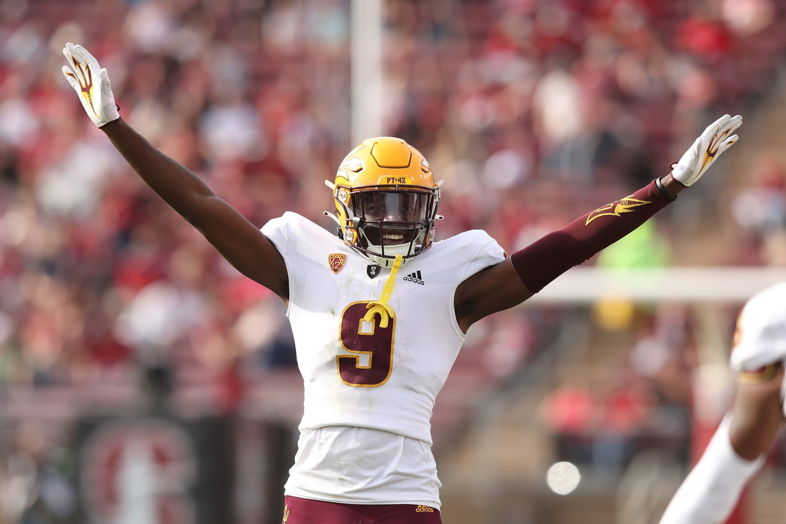 STANFORD, CALIFORNIA - OCTOBER 22: Defensive back Ro Torrence #9 of the Arizona State Sun Devils reacts after a defensive stop in the third quarter of the game against the Stanford Cardinal at Stanford Stadium on October 22, 2022 in Stanford, California. (Photo by Lachlan Cunningham/Getty Images)