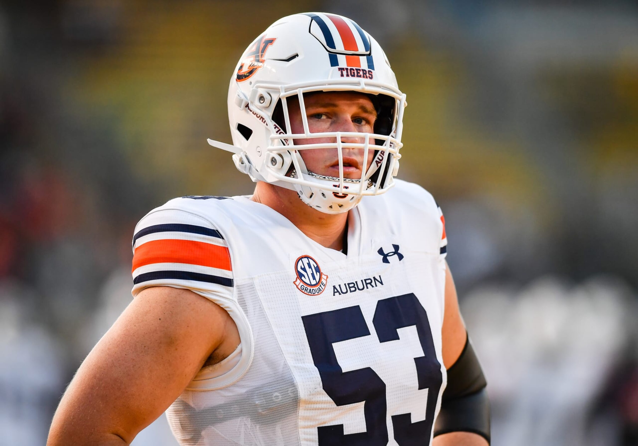 BERKELEY, CA - SEPTEMBER 09: Auburn Tigers offensive lineman Gunner Britton (53) prior to the college football game between Auburn Tigers against the California Golden Bears on September 9, 2023 at California Memorial Stadium in Berkeley, CA  (Photo by Samuel Stringer/Icon Sportswire via Getty Images)