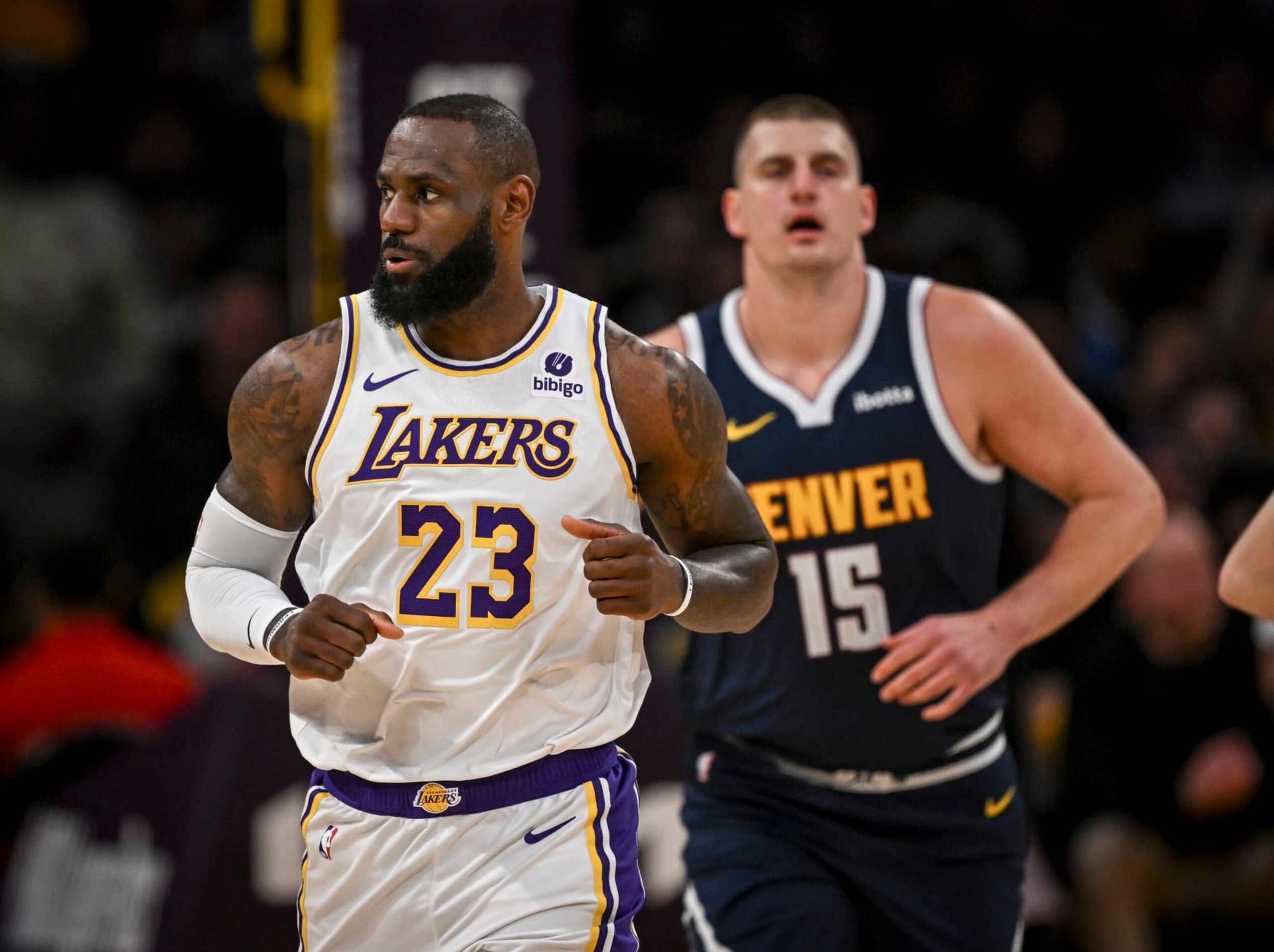 LOS ANGELES, CA - APRIL 27: Nikola Jokic (15) of the Denver Nuggets and LeBron James (23) of the Los Angeles Lakers square off during the first half at Crypto.com Arena in Los Angeles on Saturday, April 27, 2024. (Photo by AAron Ontiveroz/The Denver Post) LOS ANGELES, CA - APRIL 27: Nikola Jokic (15) of the Denver Nuggets and LeBron James (23) of the Los Angeles Lakers square off during the first half at Crypto.com Arena in Los Angeles on Saturday, April 27, 2024. (Photo by AAron Ontiveroz/The Denver Post)