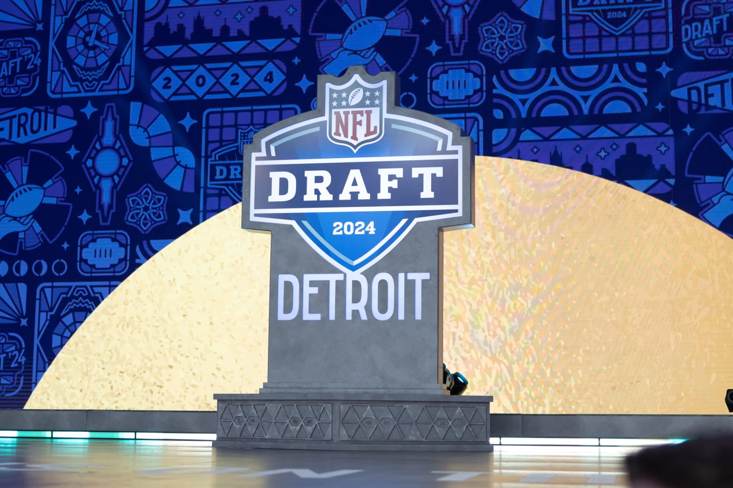 DETROIT, MI - APRIL 25: The NFL Draft logo on the stage during day 1 of the NFL Draft on April 25, 2024 at Fox Theatre in Detroit, MI. (Photo by John Smolek/Icon Sportswire via Getty Images) DETROIT, MI - APRIL 25: The NFL Draft logo on the stage during day 1 of the NFL Draft on April 25, 2024 at Fox Theatre in Detroit, MI. (Photo by John Smolek/Icon Sportswire via Getty Images)