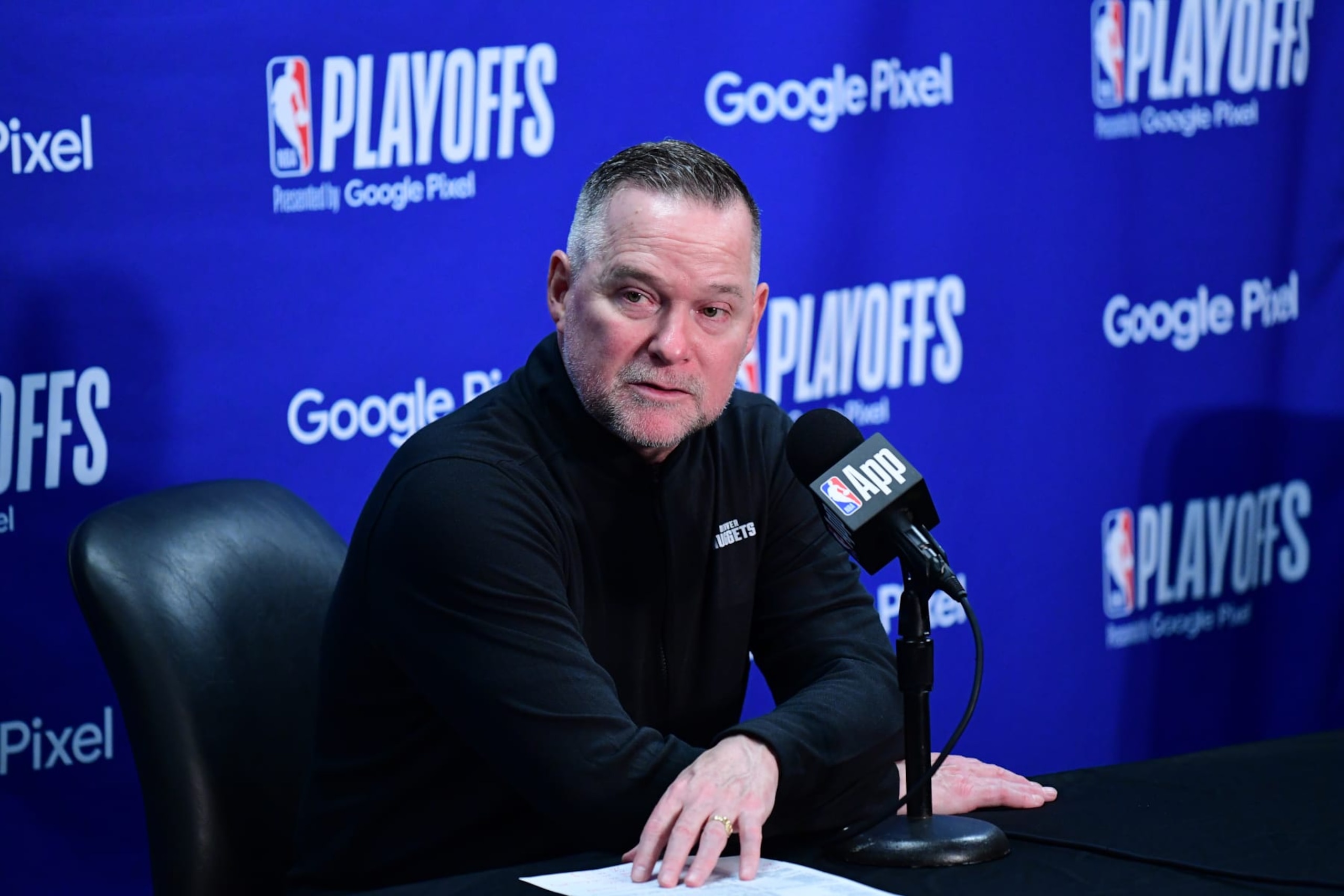 LOS ANGELES, CA - APRIL 25: Head Coach Michael Malone of the Denver Nuggets speaks at a press conference after the game against the Los Angeles Lakers during Round One Game Three of the 2024 NBA Playoffs on April 25, 2024 at Crypto.Com Arena in Los Angeles, California. NOTE TO USER: User expressly acknowledges and agrees that, by downloading and/or using this Photograph, user is consenting to the terms and conditions of the Getty Images License Agreement. Mandatory Copyright Notice: Copyright 2024 NBAE (Photo by Adam Pantozzi/NBAE via Getty Images) LOS ANGELES, CA - APRIL 25: Head Coach Michael Malone of the Denver Nuggets speaks at a press conference after the game against the Los Angeles Lakers during Round One Game Three of the 2024 NBA Playoffs on April 25, 2024 at Crypto.Com Arena in Los Angeles, California. NOTE TO USER: User expressly acknowledges and agrees that, by downloading and/or using this Photograph, user is consenting to the terms and conditions of the Getty Images License Agreement. Mandatory Copyright Notice: Copyright 2024 NBAE (Photo by Adam Pantozzi/NBAE via Getty Images)