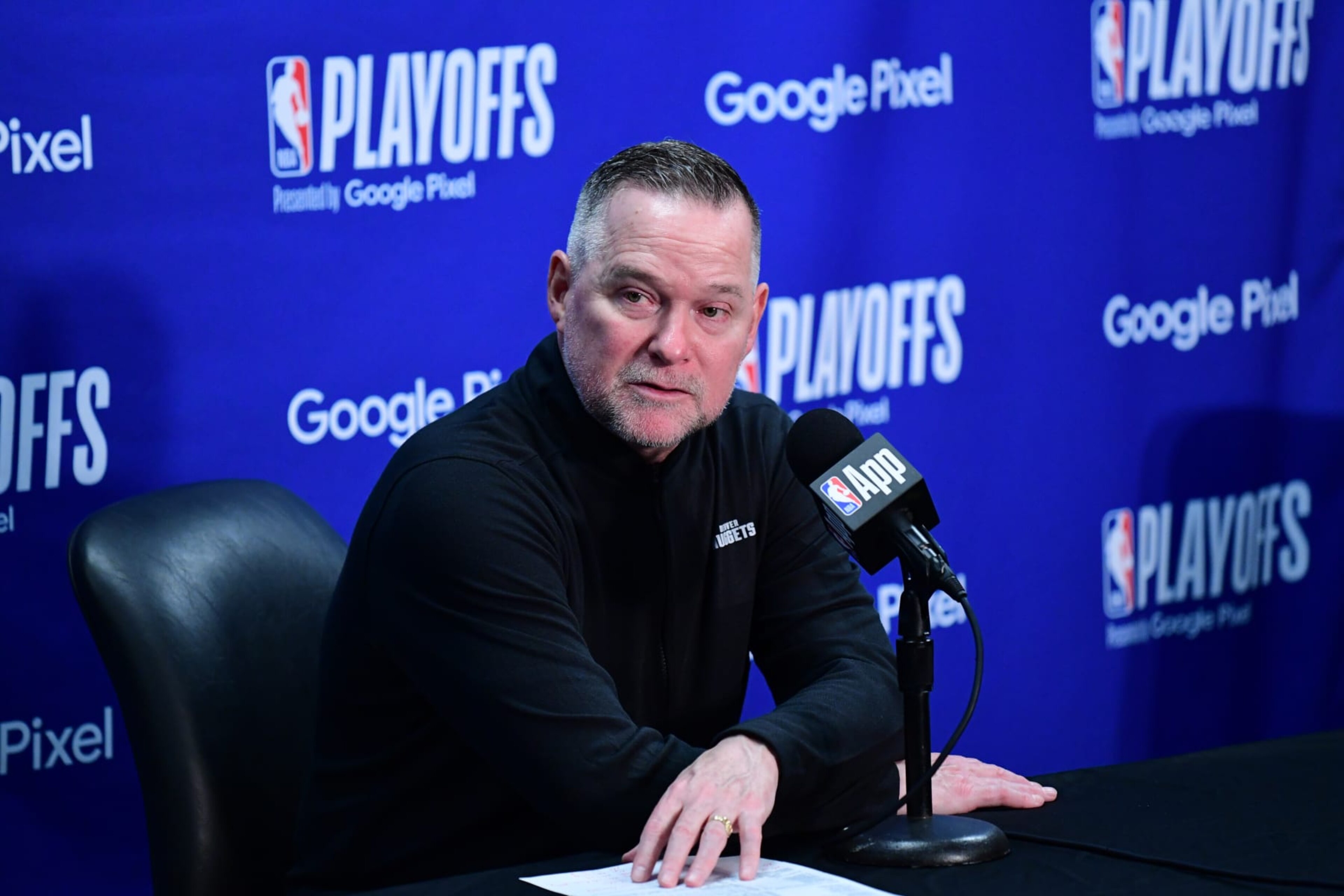 LOS ANGELES, CA - APRIL 25: Head Coach Michael Malone of the Denver Nuggets speaks at a press conference after the game against the Los Angeles Lakers during Round One Game Three of the 2024 NBA Playoffs on April 25, 2024 at Crypto.Com Arena in Los Angeles, California. NOTE TO USER: User expressly acknowledges and agrees that, by downloading and/or using this Photograph, user is consenting to the terms and conditions of the Getty Images License Agreement. Mandatory Copyright Notice: Copyright 2024 NBAE (Photo by Adam Pantozzi/NBAE via Getty Images)