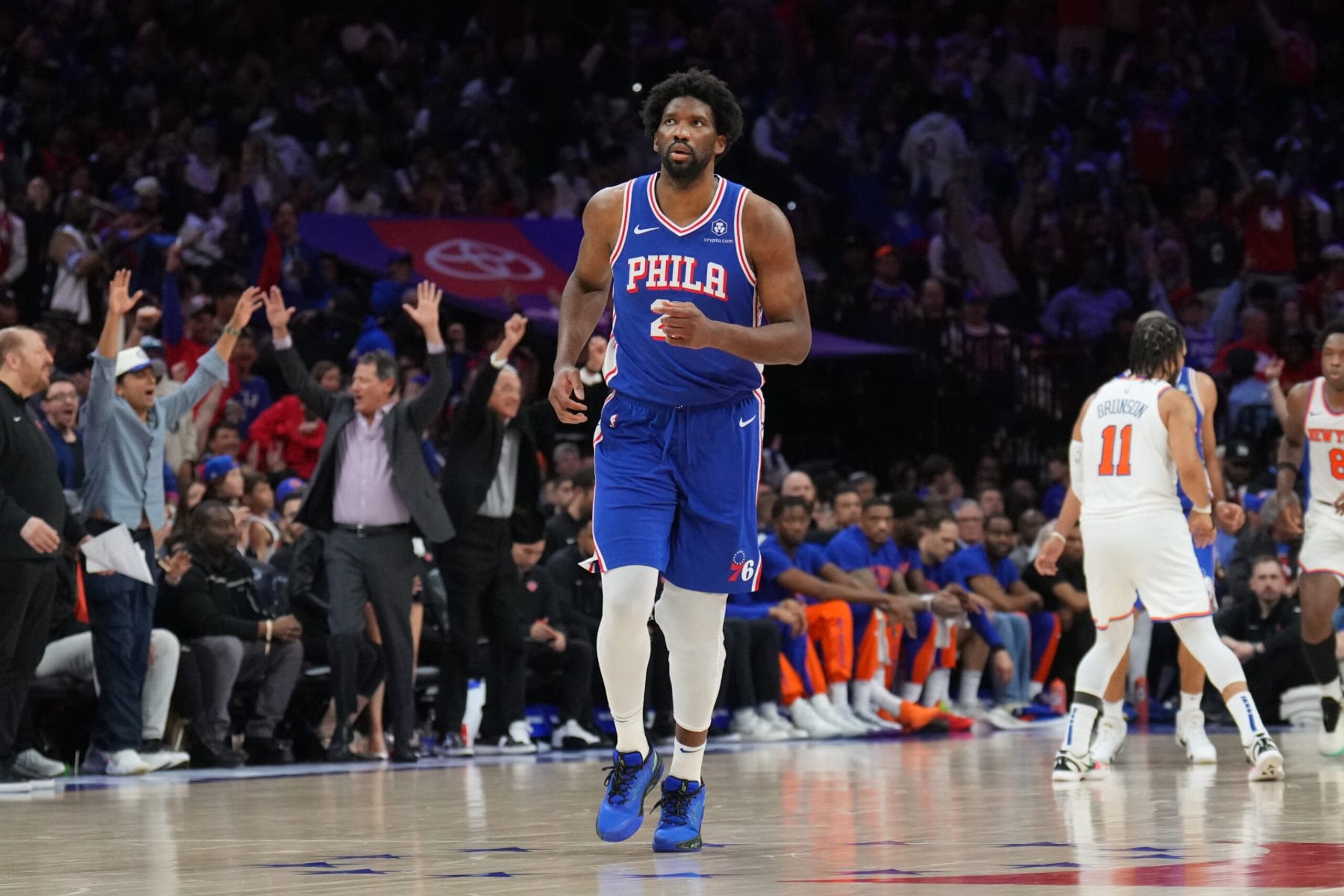 PHILADELPHIA, PA - APRIL 25: Joel Embiid #21 of the Philadelphia 76ers looks on during the game against the New York Knicks during Round 1 Game 3 of the 2024 NBA Playoffs on April 25, 2024 at the Wells Fargo Center in Philadelphia, Pennsylvania NOTE TO USER: User expressly acknowledges and agrees that, by downloading and/or using this Photograph, user is consenting to the terms and conditions of the Getty Images License Agreement. Mandatory Copyright Notice: Copyright 2024 NBAE (Photo by Jesse D. Garrabrant/NBAE via Getty Images)