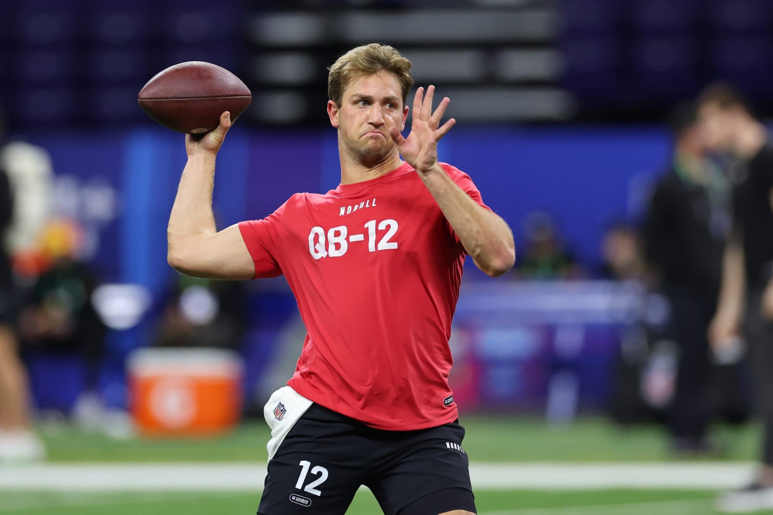 INDIANAPOLIS, INDIANA - MARCH 02: Kedon Slovis #QB12 of Brigham Young participates in a drill during the NFL Combine at Lucas Oil Stadium on March 02, 2024 in Indianapolis, Indiana. (Photo by Stacy Revere/Getty Images)